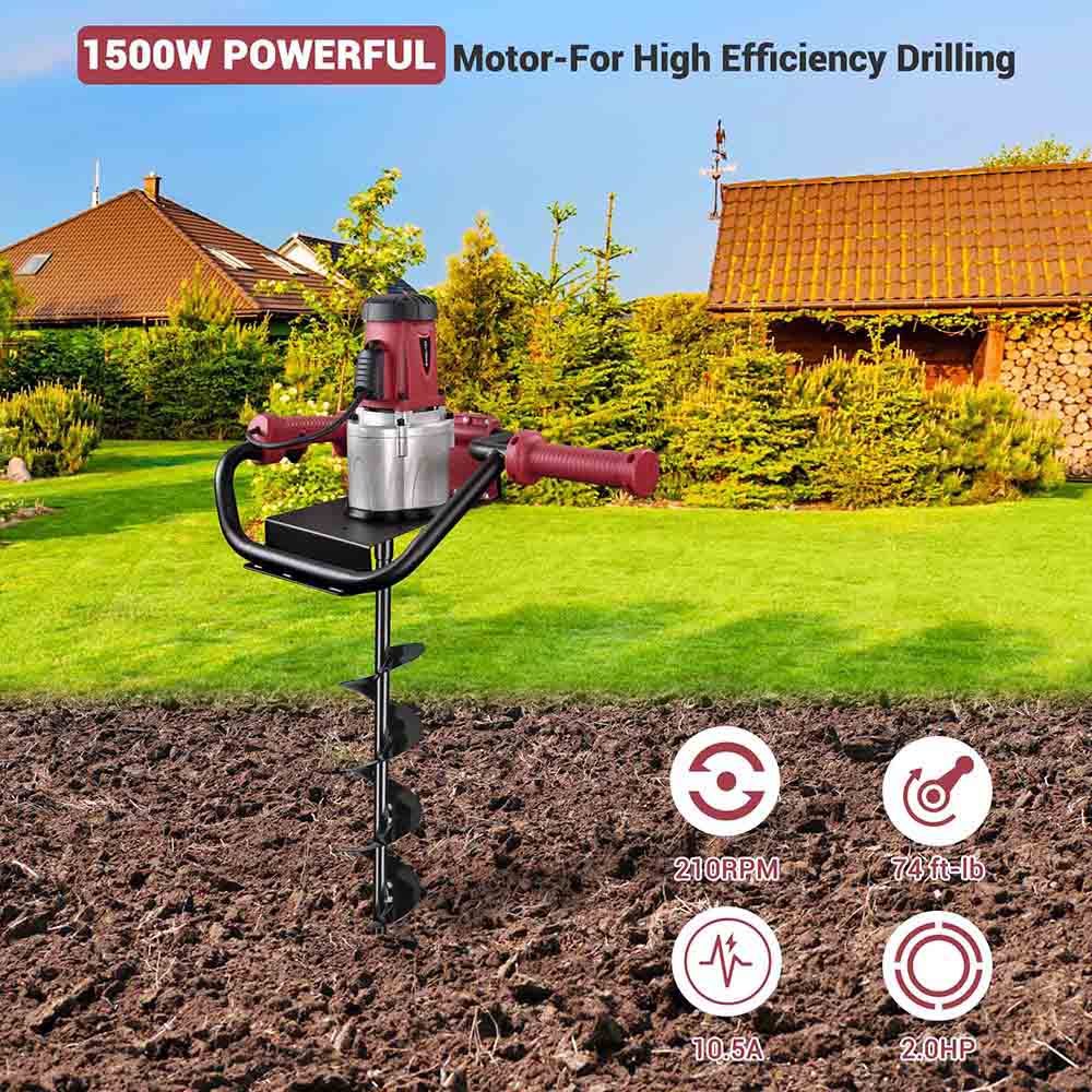 1500W Electric Post Hole Digger with 6-Inch Earth Auger Bit - Powerful Fence Post Installer for Landscaping, Gardening & Farm Use
