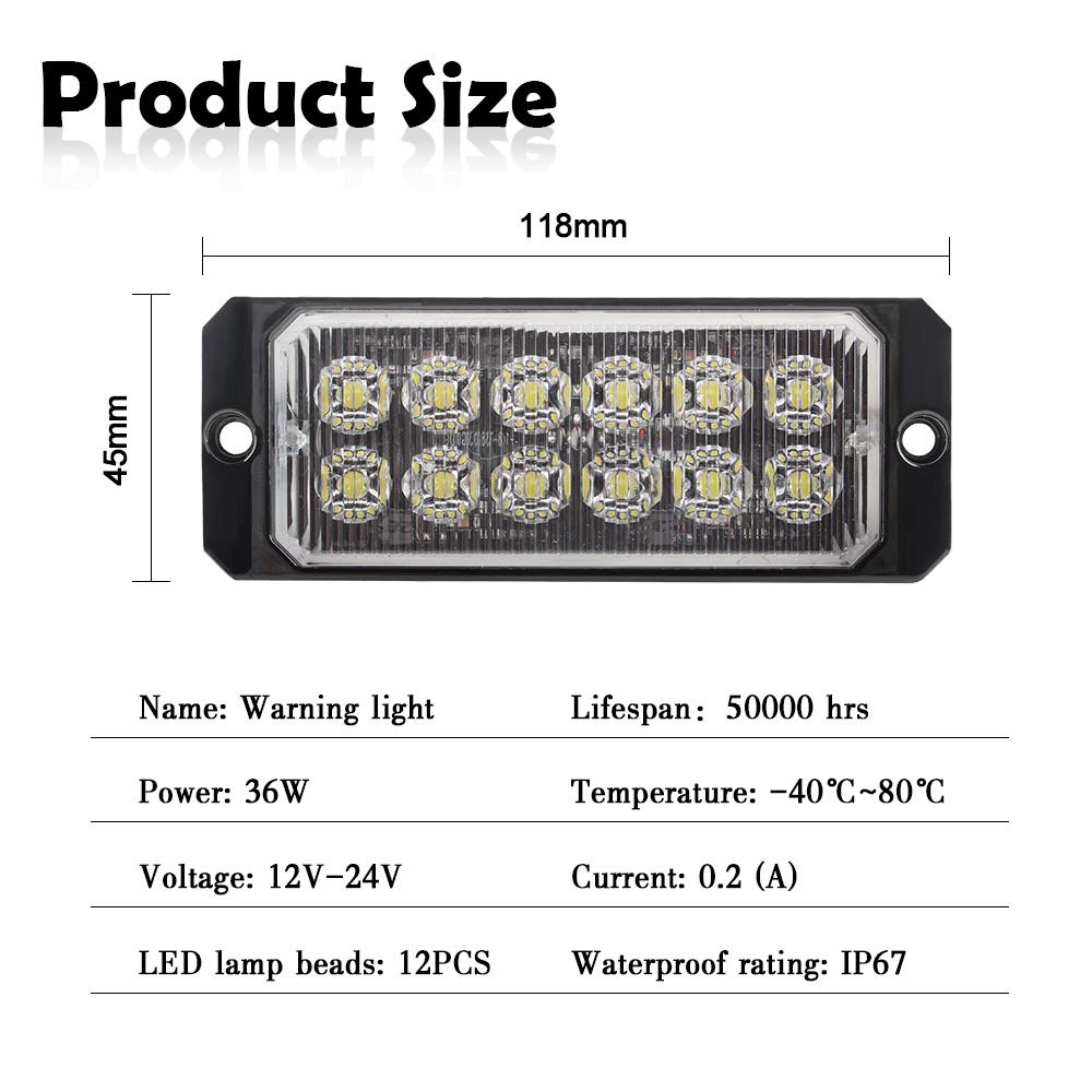 Sidaqi 12-24V White LED Emergency Strobe Light Bar - 12 LED Surface Mount Warning Flash Light for Cars, Trucks & Vehicles - Multiple Strobe Modes - Ideal for Police, Emergency & Roadside Safety Use