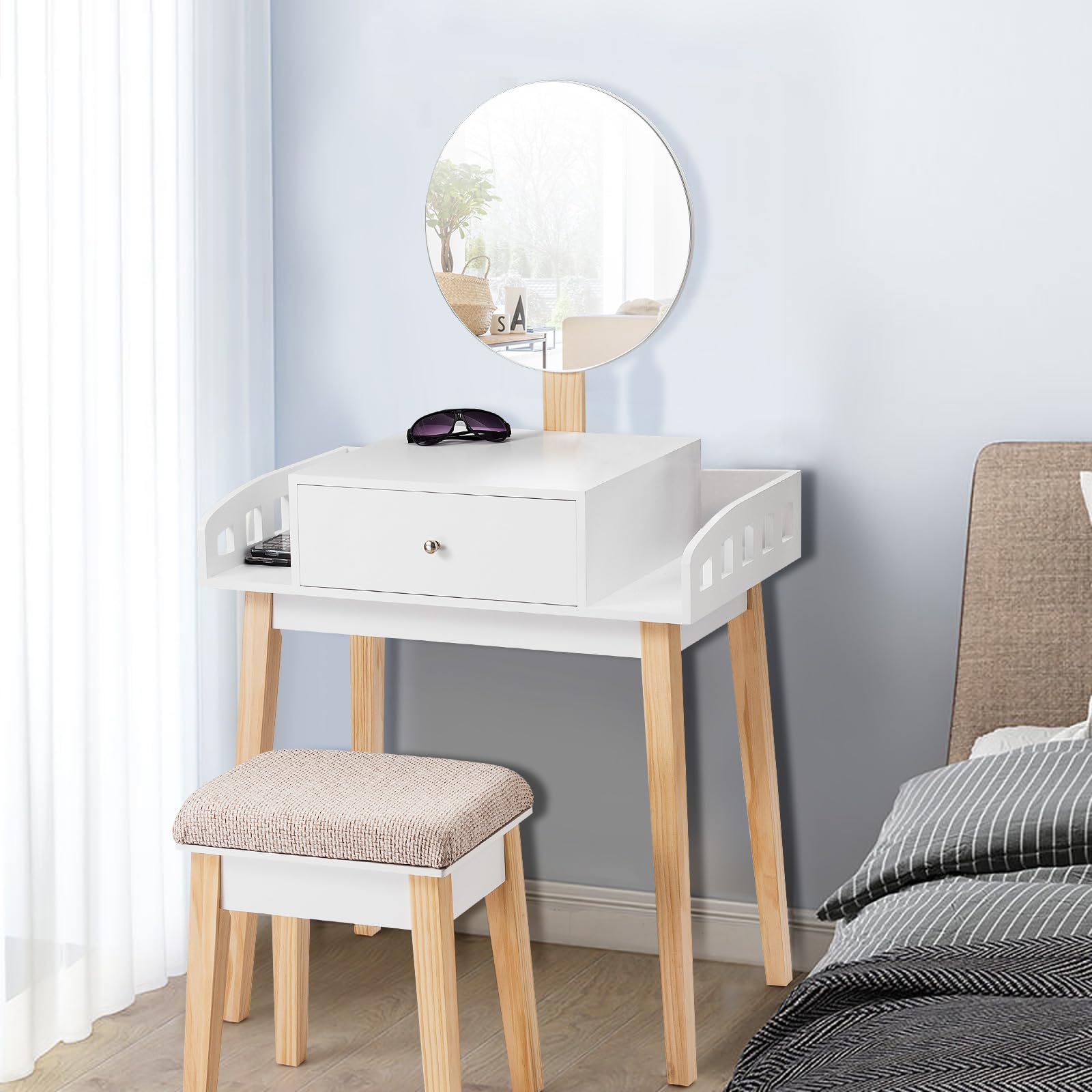 GOFLAME Vanity Dressing Table Set with Cushioned Stool & Adjustable Mirror - Modern Makeup Desk with Large Drawer for Bedroom, Home Office - Perfect for Makeup Application & Home Decor (White)