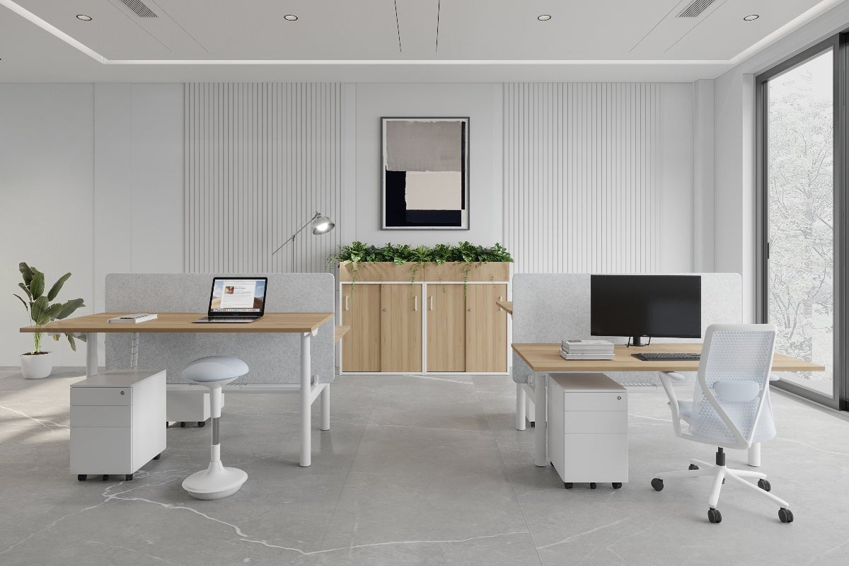 Flexi Premium Height Adjustable 2-Person H Bench Workstation - White Frame [1400L x 800W with Cable Management] - Ideal for Office, Home Workspace & Collaborative Environments