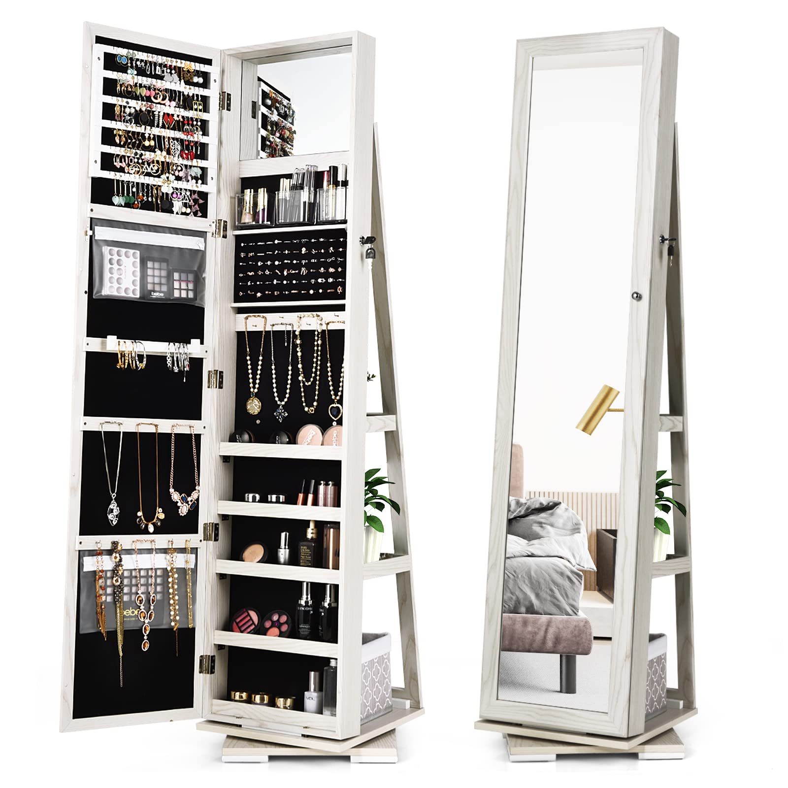 COSTWAY 360° Rotating Jewelry Armoire Cabinet with Full-Length Mirror - Lockable Standing Jewelry Organizer for Women & Girls, Large Storage Space for Necklaces, Rings & Accessories (White) - Perfect for Bedroom, Dressing Room & Closet Organization