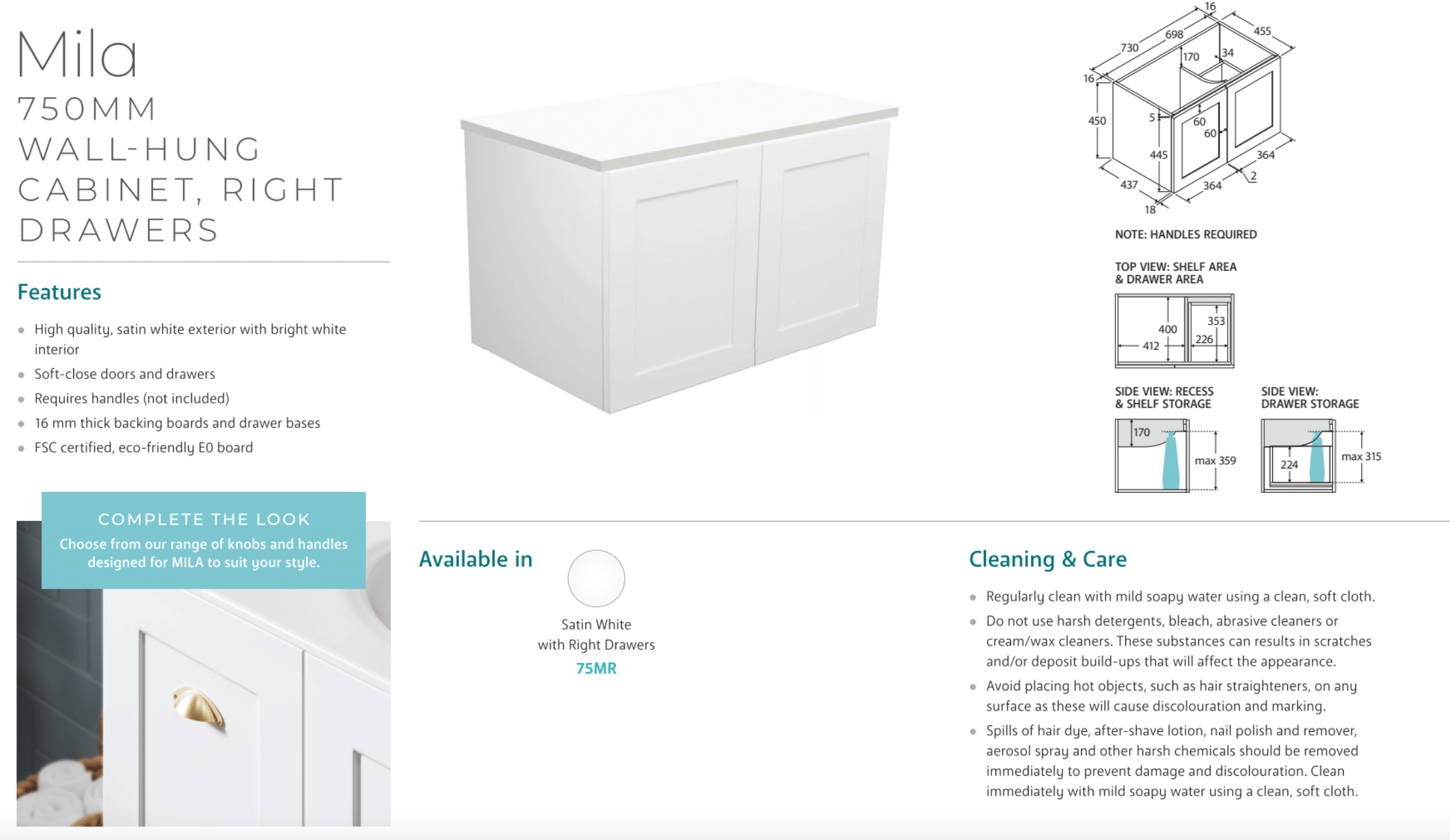 Fienza JOL75MR Joli Mila 750mm Wall Mounted Bathroom Vanity with Right Drawers - White Finish for Modern Small Space Bathroom Design