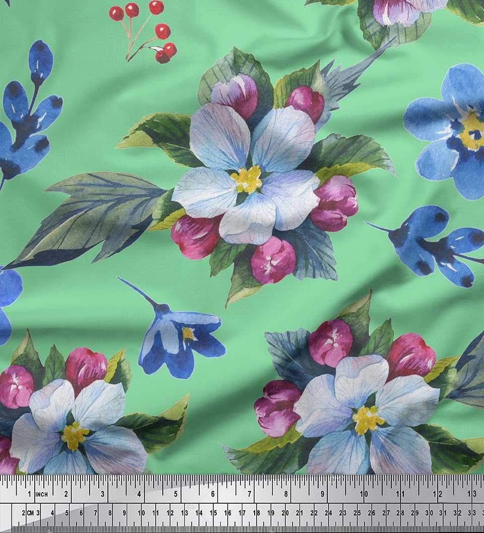 Soimoi Green Silk Fabric by The Yard - 42 Inch Wide - Leaves & Lavender Blue Floral Print - Nature-Inspired Elegance for Dresses, Scarves & Home Decor