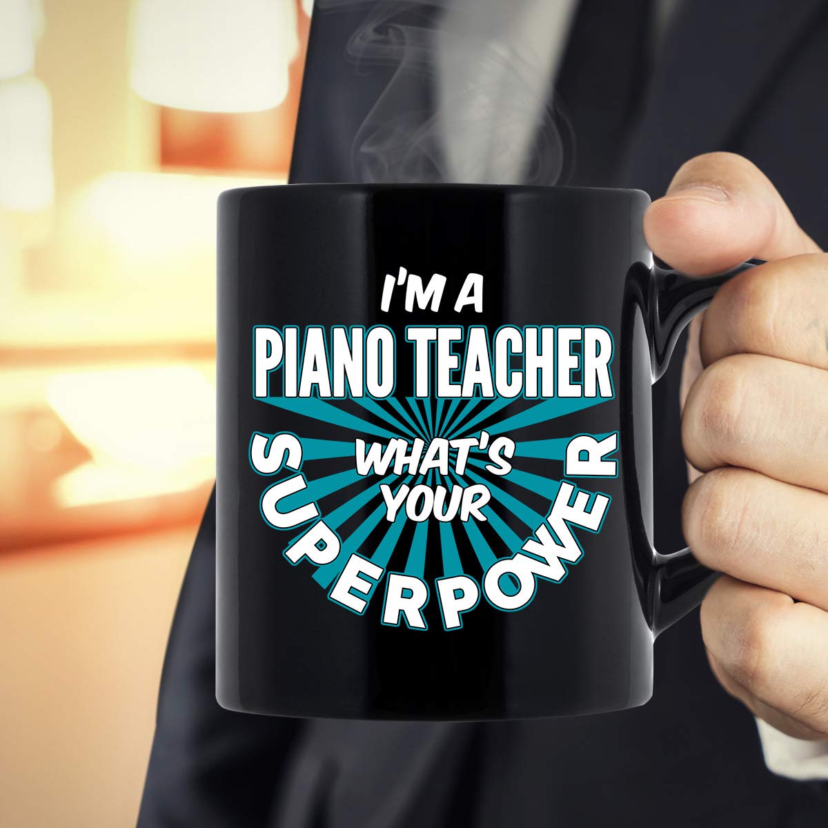Funny Piano Teacher Coffee Mug - 'I'm A Piano Teacher What's Your Superpower' 11oz Black Ceramic Cup - Perfect Gift for Music Teachers, Musicians & Piano Lovers - Great for Home, Office or Studio Use