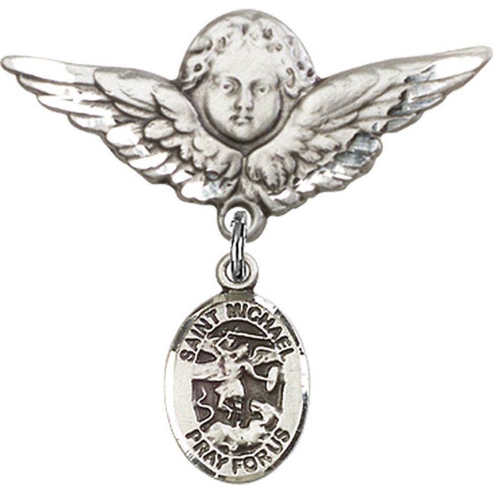 Sterling Silver Baby Badge Pin with St. Michael the Archangel & Angel Wing Charm - Perfect for Christening, Baptism & First Communion Gifts