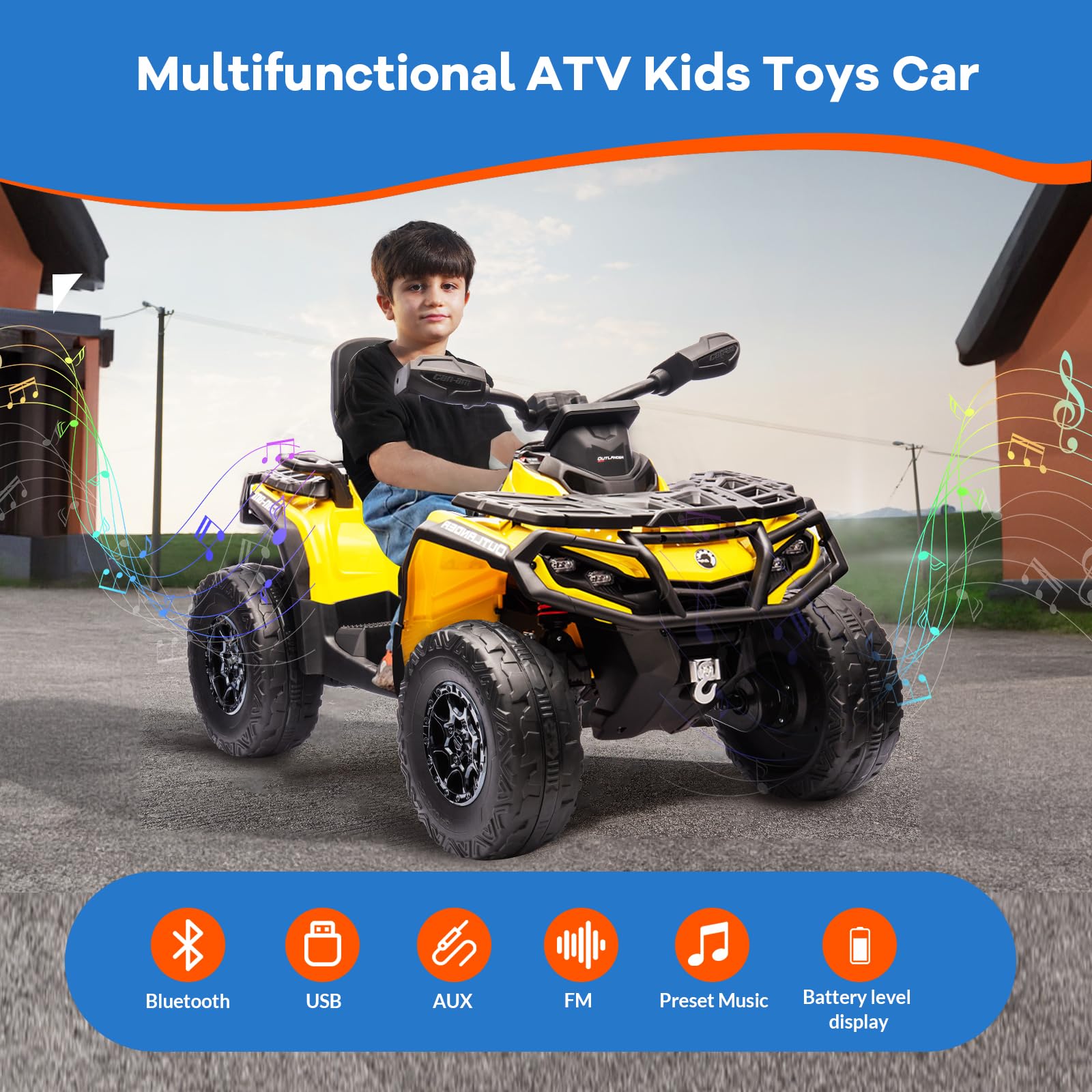 GARVEE 12V Kids Electric ATV Ride-On Toy - 2 Leather Seats, LED Headlights, Bluetooth Music, Adjustable Speeds 2-4 MPH - Yellow Off-Road Vehicle for Boys & Girls Ages 3-8 - Perfect for Backyard Play, Birthday Gifts & Outdoor Adventures