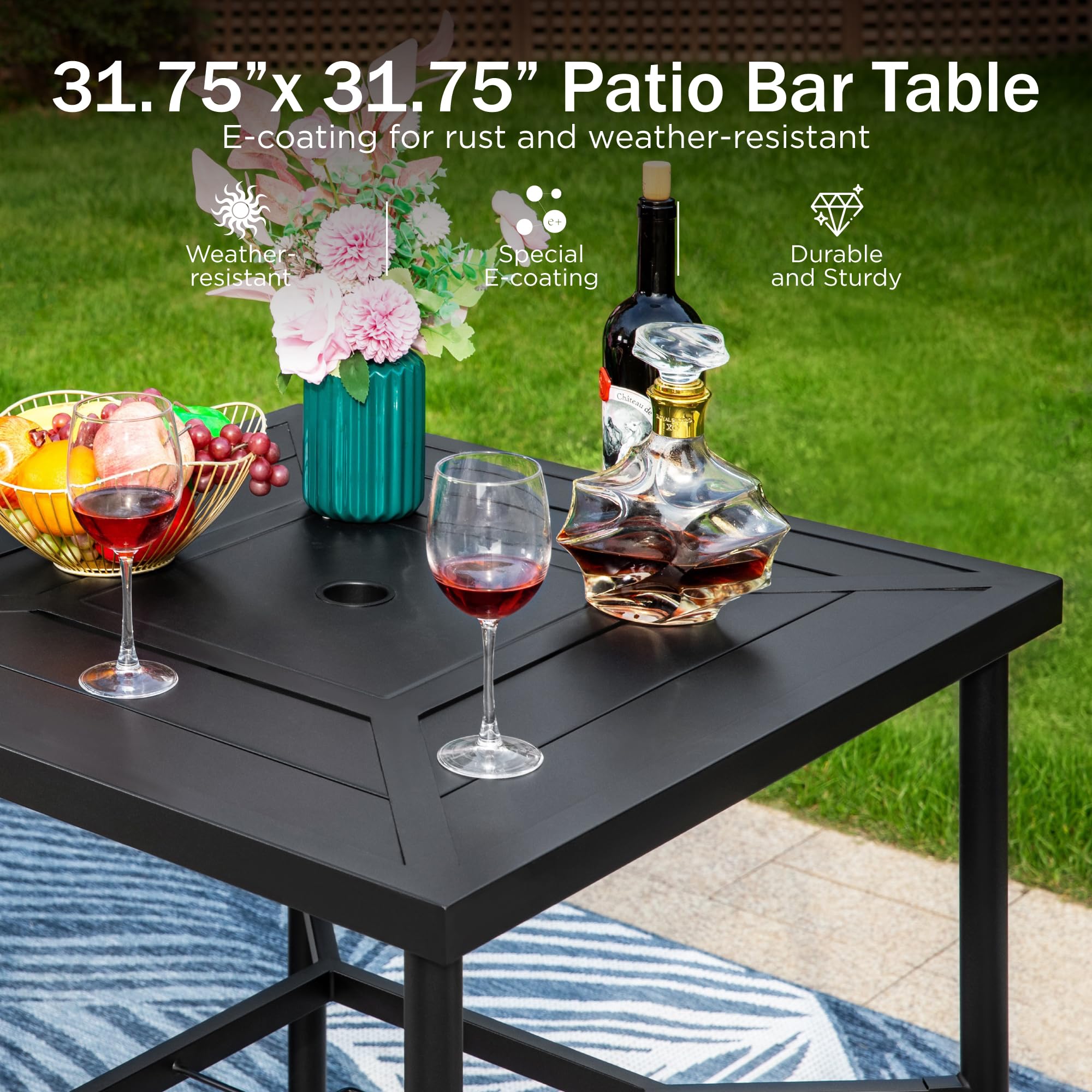 PHI VILLA 32x32 Inch Square Outdoor Patio Bar Table for 4 People - Durable Steel Frame Mesh Design - Perfect for Backyard, Garden, Deck & Poolside Dining - Weather-Resistant Outdoor Furniture for Entertaining
