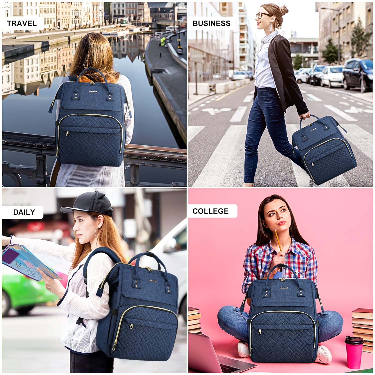 LOVEVOOK Women's Fashion Laptop Backpack - 15.6 Inch Business Computer Bag with USB Charging Port, Travel Backpack for Work, School & College, Nurse Doctor Professional Backpack - Navy Blue