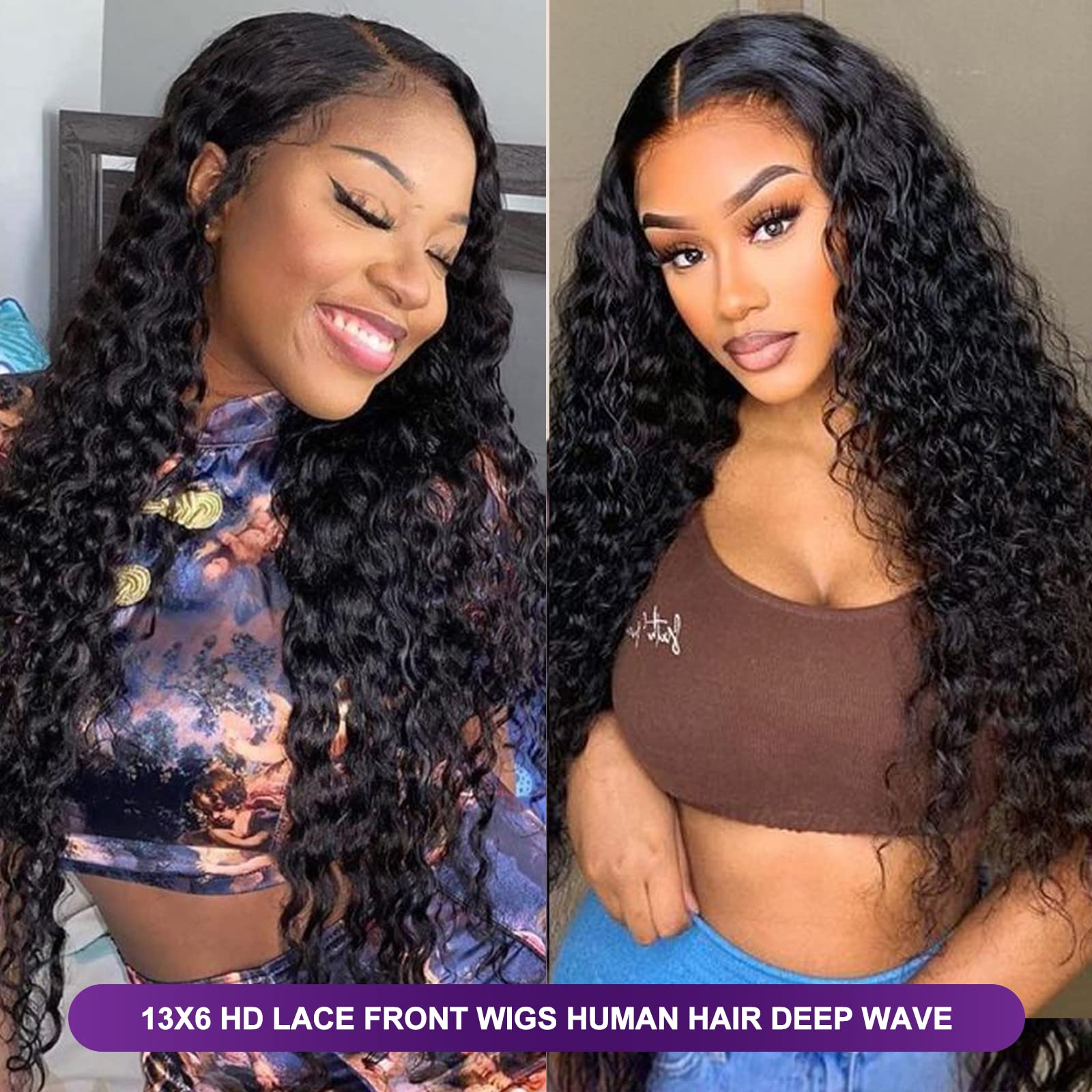13x6 Deep Wave Lace Front Wigs Human Hair - Pre Plucked 180% Density HD Transparent Glueless Lace Frontal Wig - Brazilian Virgin Human Hair with Baby Hair - 26 Inch - Perfect for Black Women, Parties, Weddings & Daily Wear