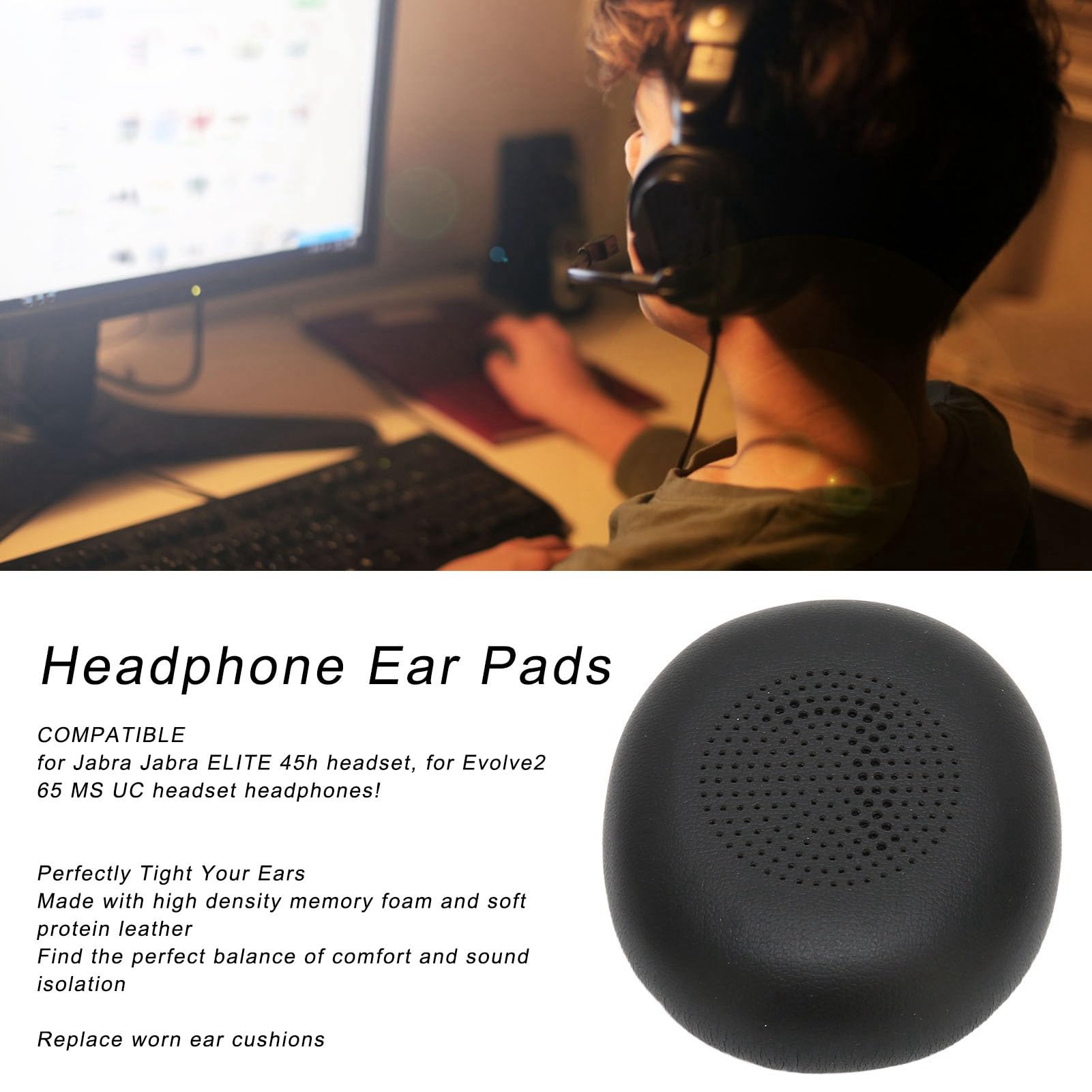 Premium Replacement Earpads for Jabra Elite 45h & Evolve2 65 (65MS/65UC USB) - Professional Protein Leather Ear Cushions (1 Pair, Black) - Perfect for Office, Call Centers & Remote Work
