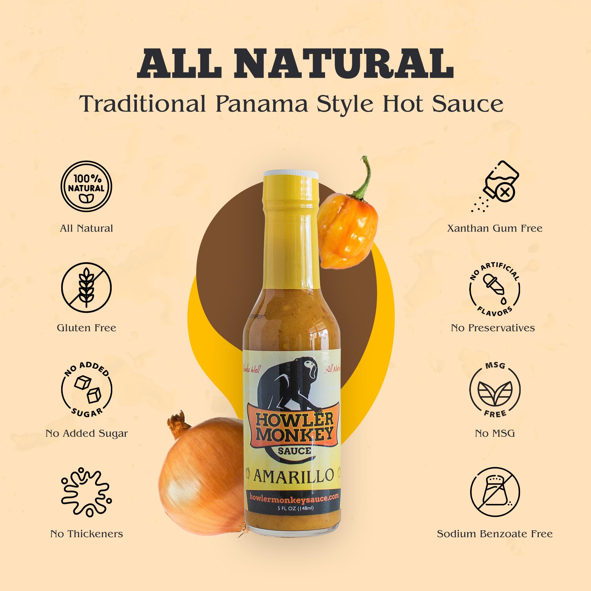 Howler Monkey Sauce Amarillo - Authentic Panama Hot Sauce - Gluten-Free, Keto-Friendly, Low Sodium, No Thickeners or Preservatives - 5oz Bottle - Perfect for Tacos, Wings & Grilling