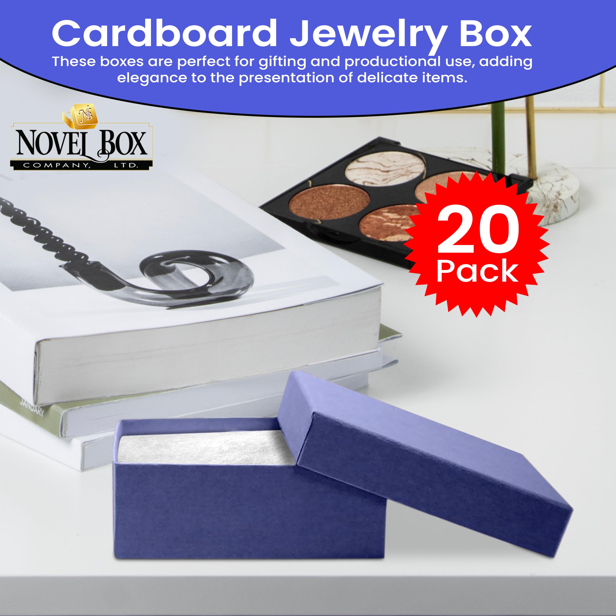 20 Pack Blue Jewelry Gift Boxes 3x2.25x1 Inch - Premium Cardboard Jewelry Storage Box with Cotton Filling & Lid - Made in USA - Perfect for Bracelets, Necklaces, Rings, Earrings - Ideal for Wedding Favors, Birthday Gifts & Retail Packaging