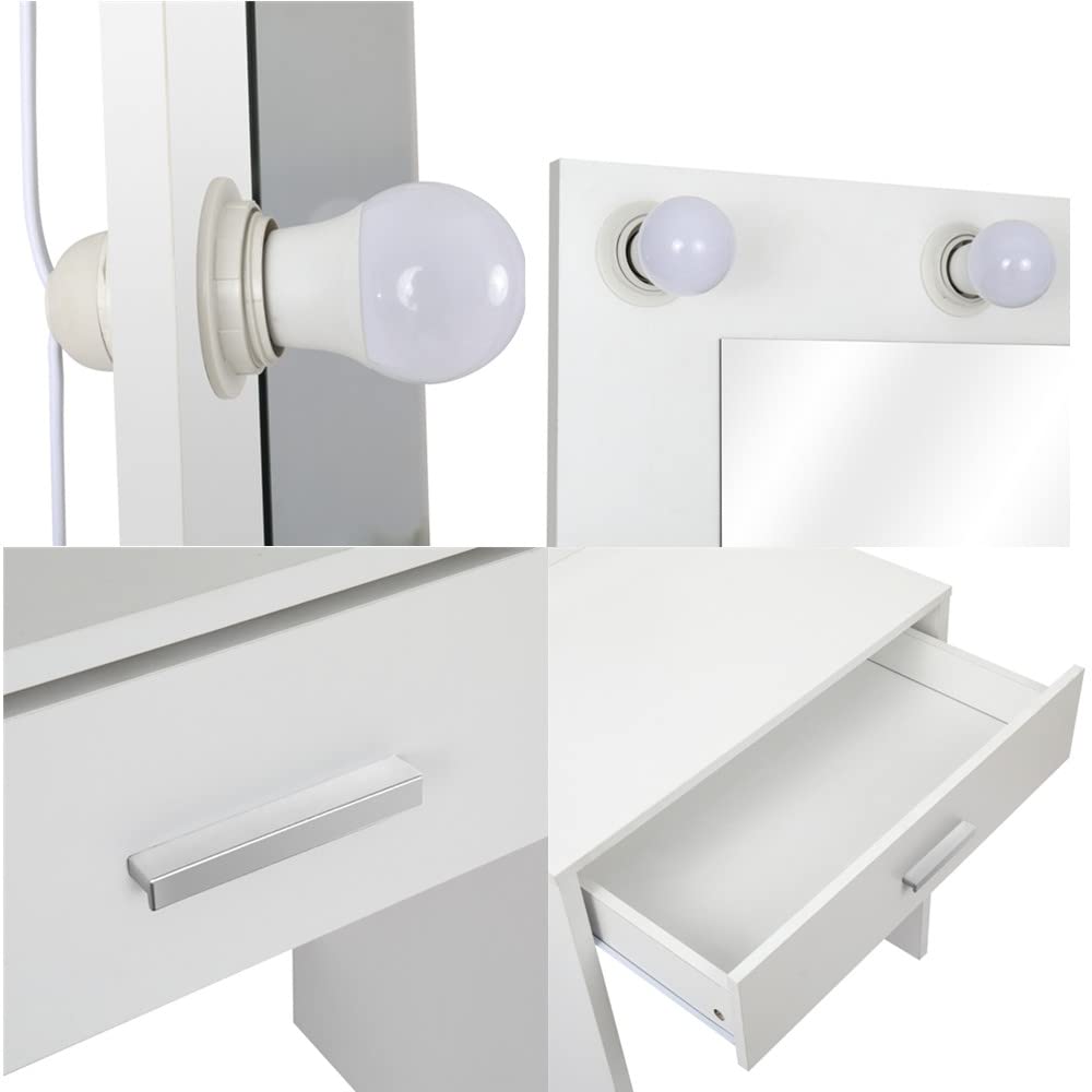 GBB Single Drawer Vanity Table with LED Lights & Large Mirror - White Makeup Dressing Table for Bedroom, Home Office, Hair Salon & Studio - Perfect for Daily Makeup, Skincare Routine & Professional Beauty Services