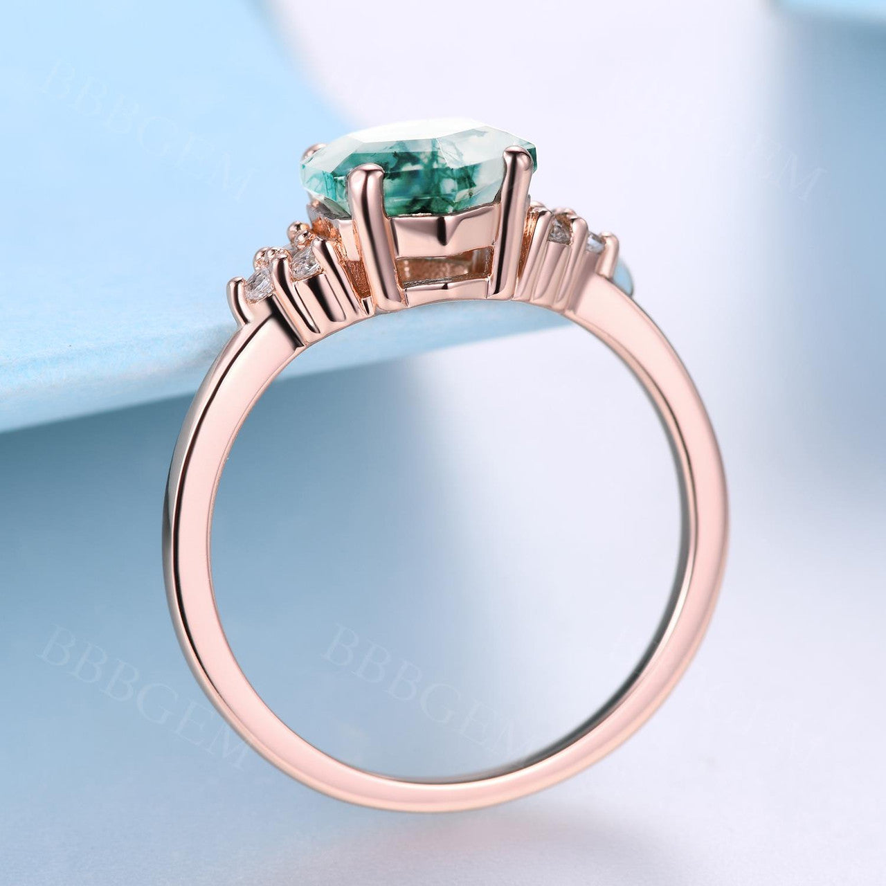 Vintage Rose Gold Hexagon Cut Moss Agate Engagement Ring with 6 Diamond Accent Stones - Perfect for Proposals, Weddings & Anniversary Gifts