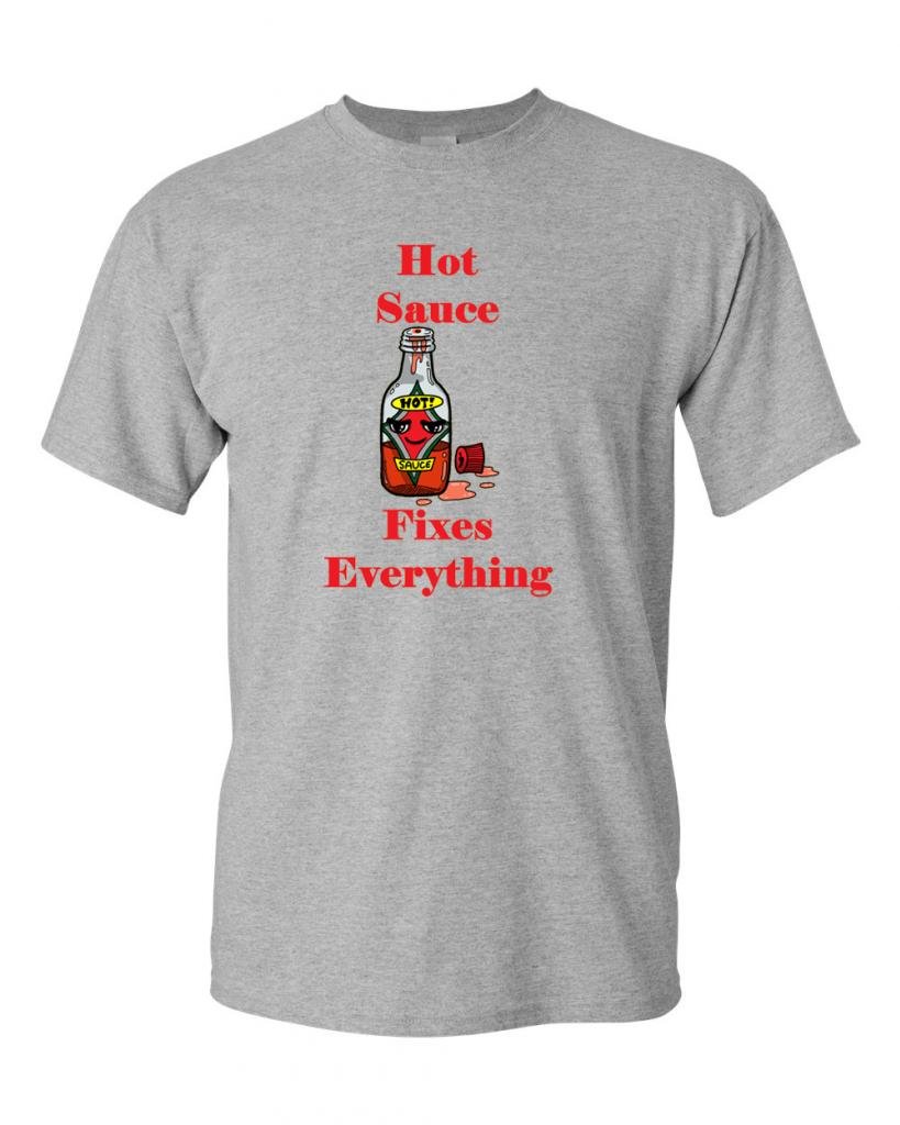 Hot Sauce Fixes Everything Funny Adult T-Shirt - Spicy Food Lover Gift for BBQ, Cooking & Hot Sauce Enthusiasts
