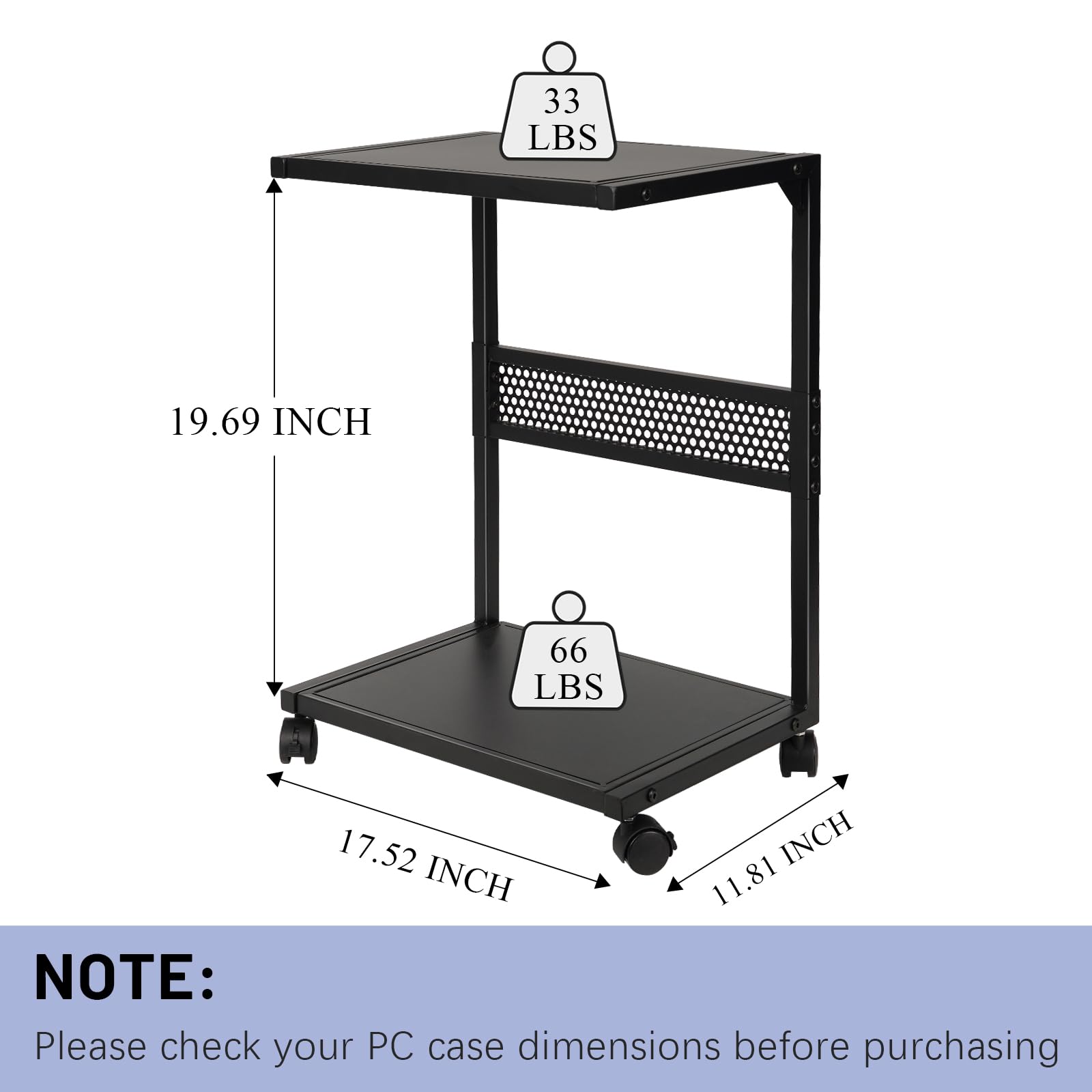 2-Tier Metal PC Stand with Locking Caster Wheels - Heavy Duty Computer Tower Stand for Most Desktop PCs | Perfect for Home Office, Gaming Setup & Workspace Organization