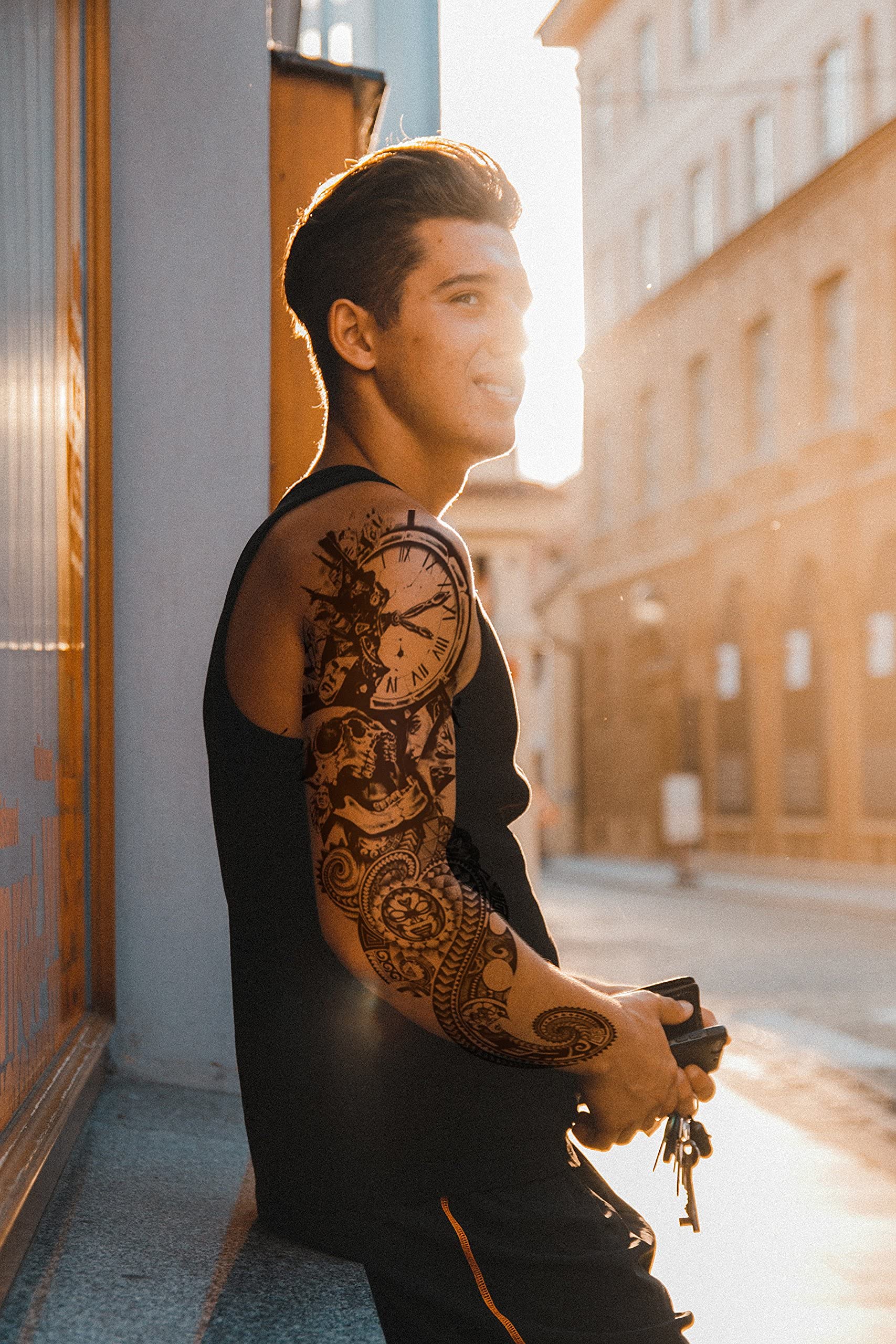 Realistic Temporary Tattoo Sleeve - Polynesian Death Skull & Tribal Clock Design for Men, Women & Kids - Waterproof Fake Arm Tattoo Stickers for Parties, Halloween & Cosplay