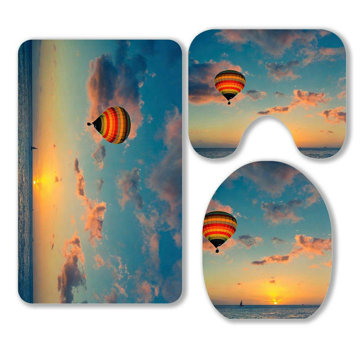 3-Piece Bathroom Rug Set - Soft Non-Slip Hot Air Balloon at Sunset Design with Contour Mat & Toilet Lid Cover | Coastal Themed Bath Mats for Beach House Decor, Guest Bathroom Essentials