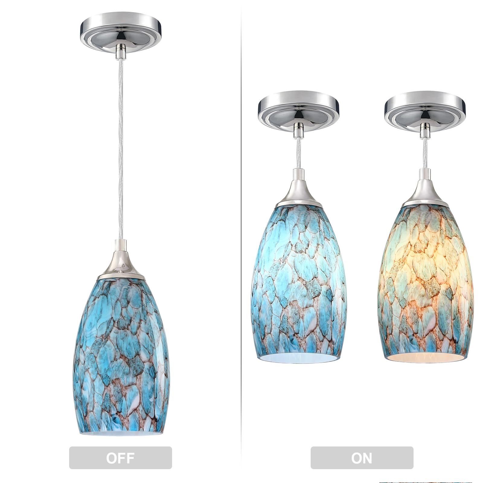 3 Pack Mini Hanging Pendant Lights - Polished Nickel Finish Handcrafted Art Glass Shade for Kitchen Island, Bar, Dining Room & Over Sink | Peacock Blue Glass | Indoor Decorative Lighting for Modern Home Decor