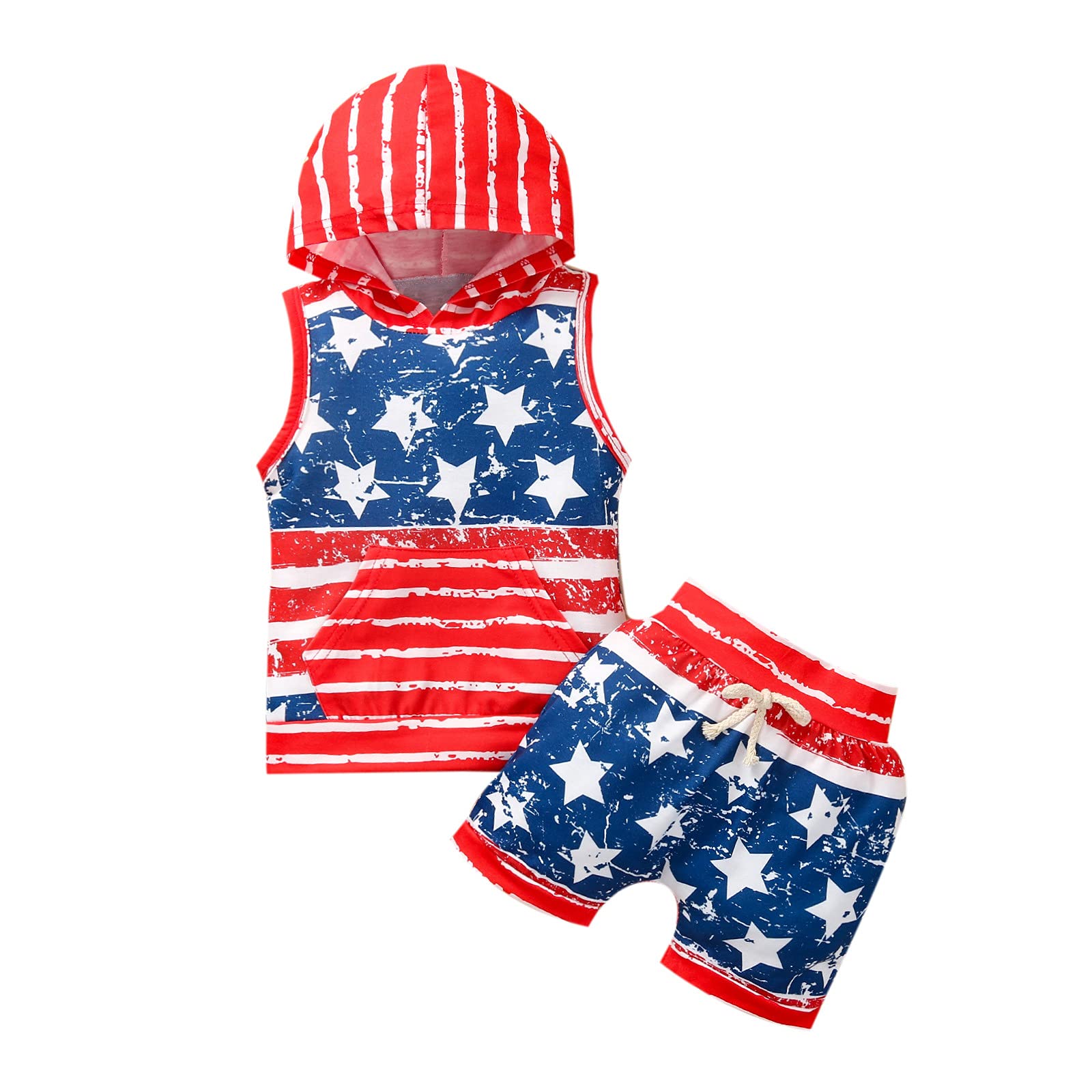 4th of July Baby Boy Outfit Set - Patriotic Stars & Stripes Hooded Top + Shorts (2-Piece) | Newborn Toddler Clothes for Independence Day Celebrations, Photo Shoots & Family Gatherings