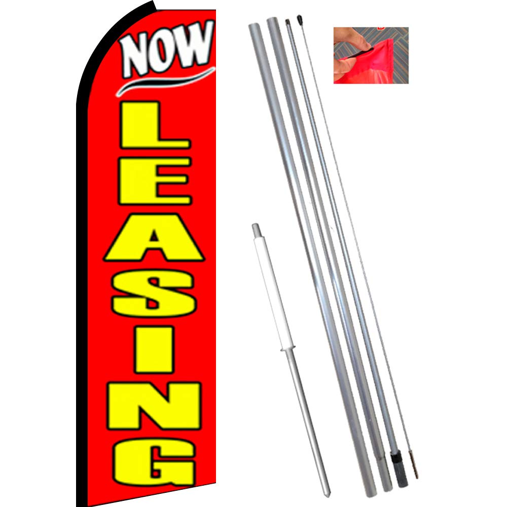 NOW LEASING Red Flutter Feather Banner Flag Kit - 6FT Flag with Pole & Ground Mount - Perfect for Real Estate, Grand Openings, and Outdoor Events