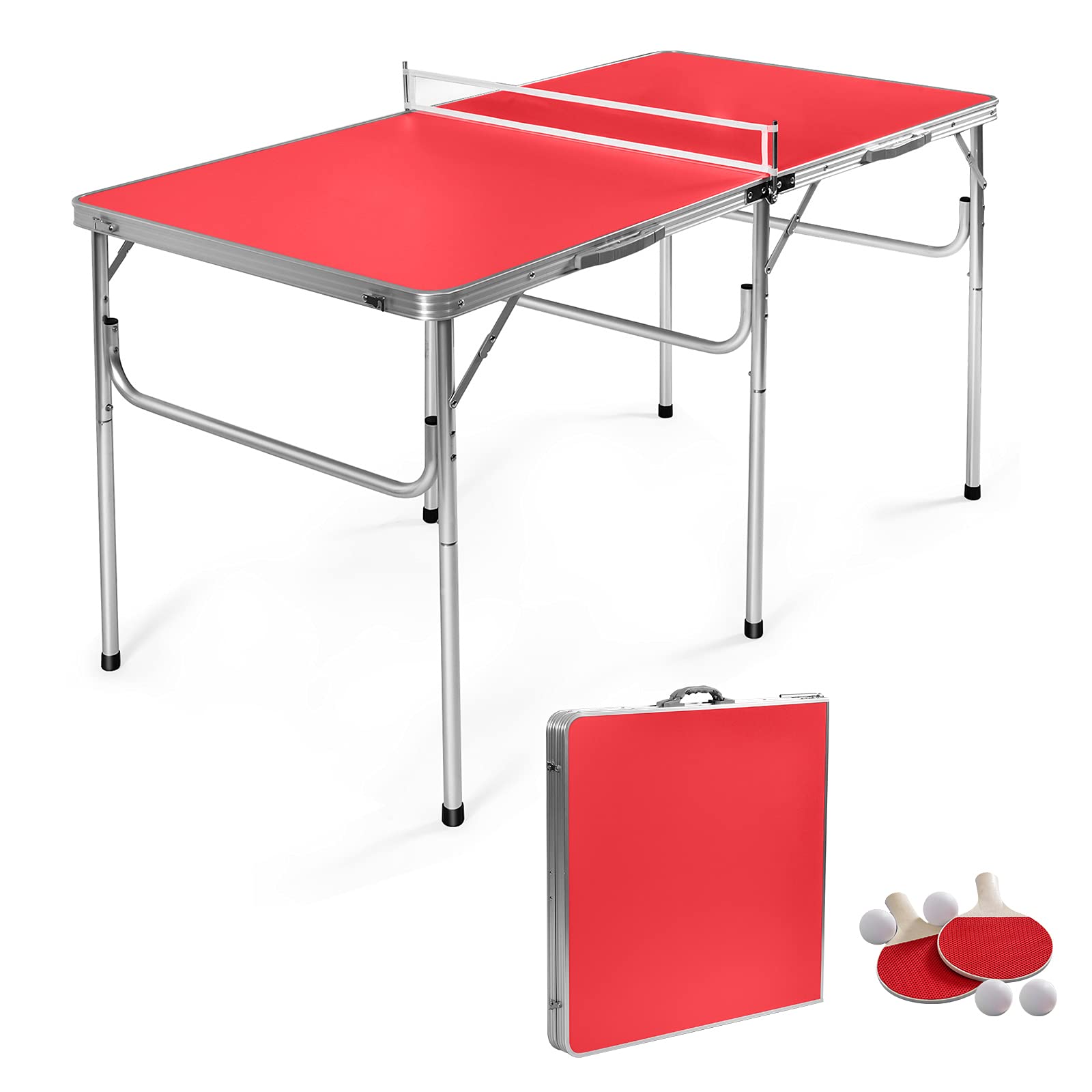 GYMAX Folding Indoor Ping Pong Table Set with Net, 2 Paddles & 2 Balls - Professional Free Standing Table Tennis Kit for Home, Office, Gym & Game Room