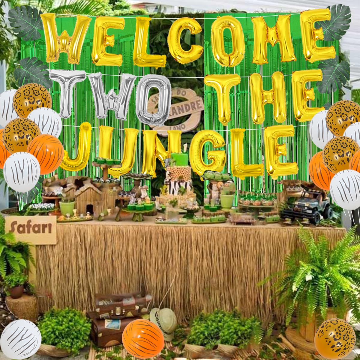 Jollyboom Safari Themed 2nd Birthday Decorations - Animal Balloons, Green Artificial Palm Leaves for Wild Jungle Party | Perfect for Kids' Birthday, Baby Shower & Safari Theme Events