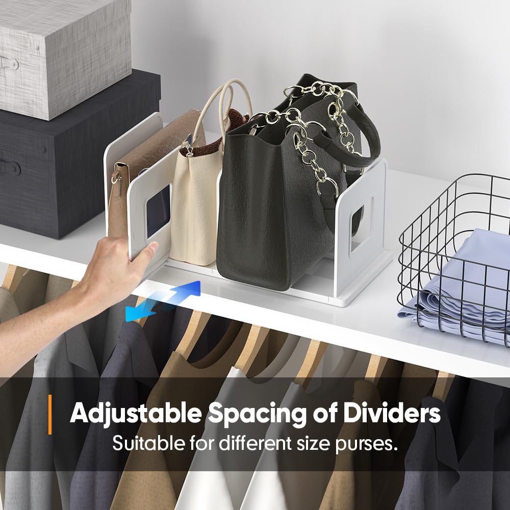 Adjustable Purse Organizer for Closet Shelf - 10 Divider Handbag Storage Organizer with Shelf Dividers - White | Perfect for Closet Organization & Purse Display
