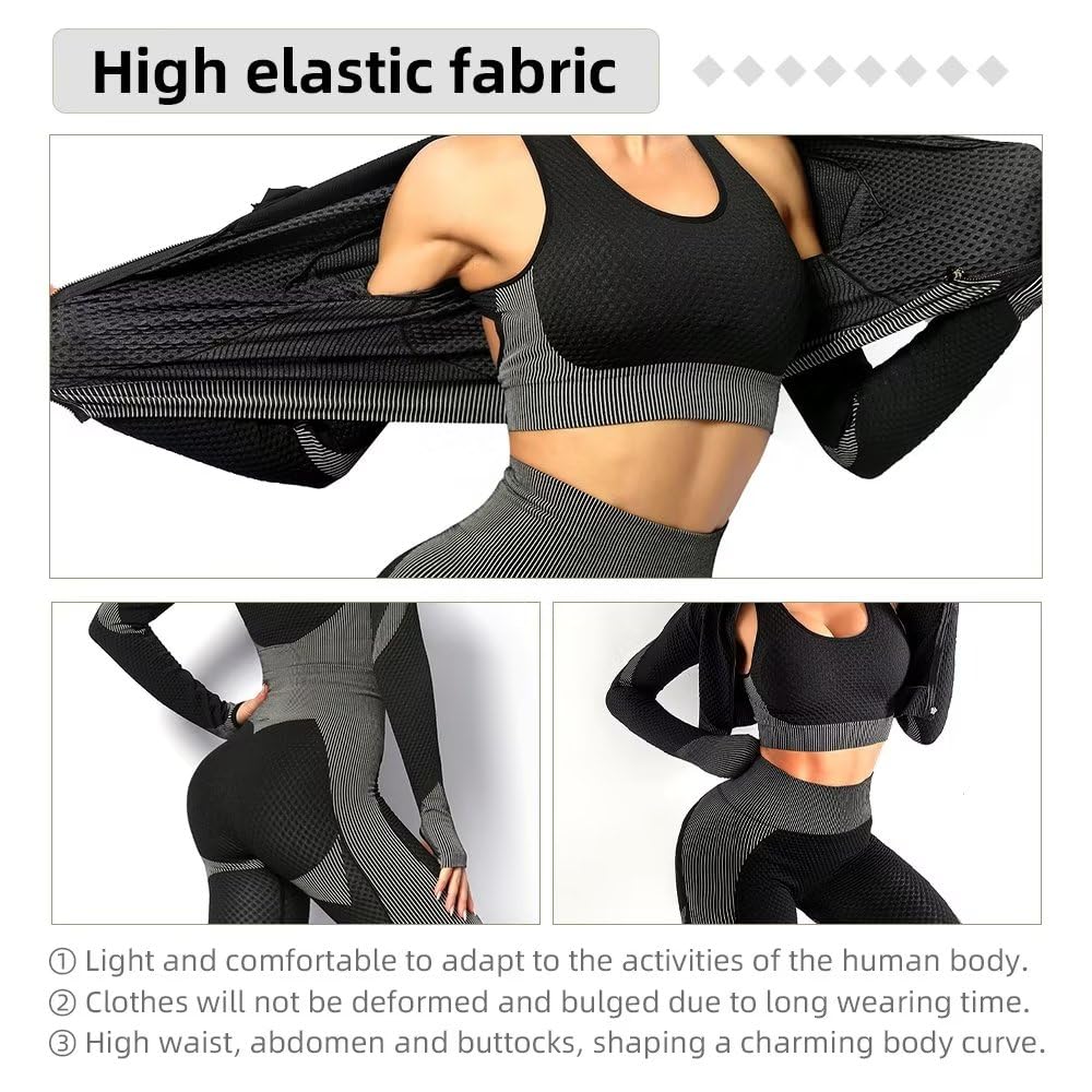 Women's 3-Piece Seamless Workout Outfit Set - Yoga Sports Bra, High-Waisted Leggings & Tracksuit for Gym, Running & Fitness Training | Comfortable Stretch Activewear for Women
