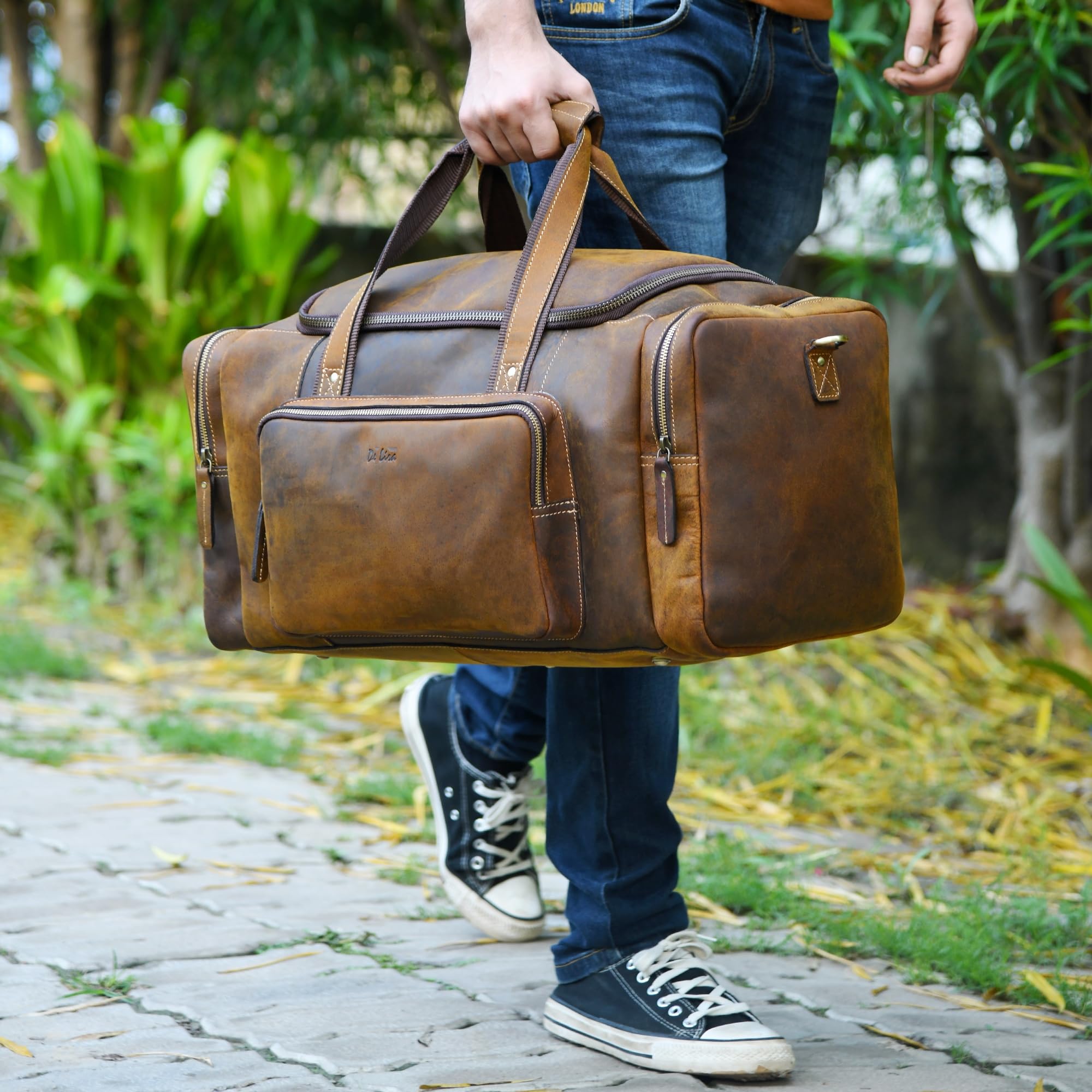 Premium Genuine Leather Duffel Bag - Water-Resistant Carry-On Luggage with Adjustable Shoulder Strap & Trolley Straps - Perfect for Travel, Gym, Business Trips & Weekend Getaways