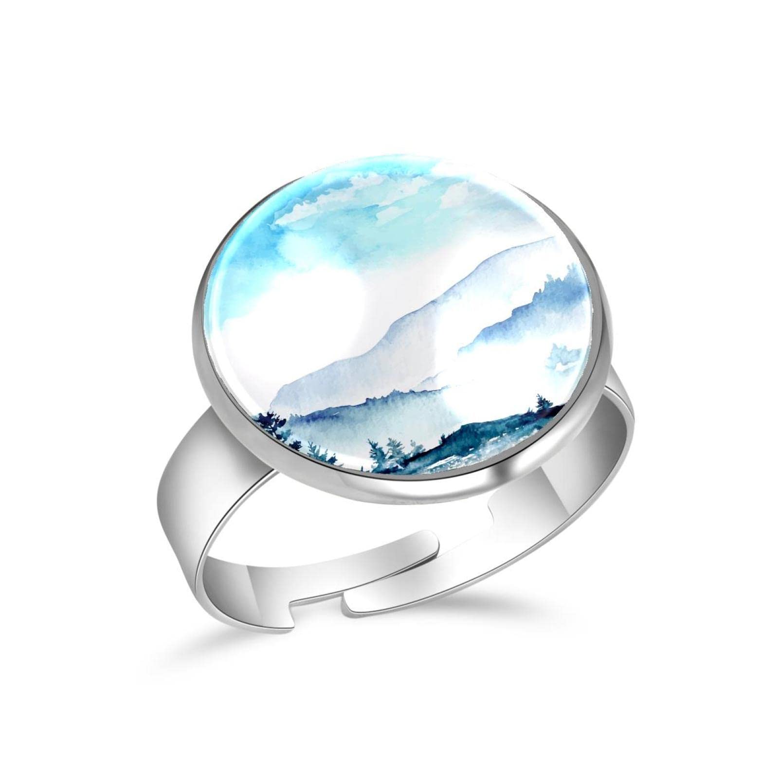 Adjustable Open Rings for Women - Watercolor Mountain & Tree Design, Anniversary & Birthday Jewelry Gifts for Her | Perfect for Everyday Wear, Special Occasions & Gift Giving