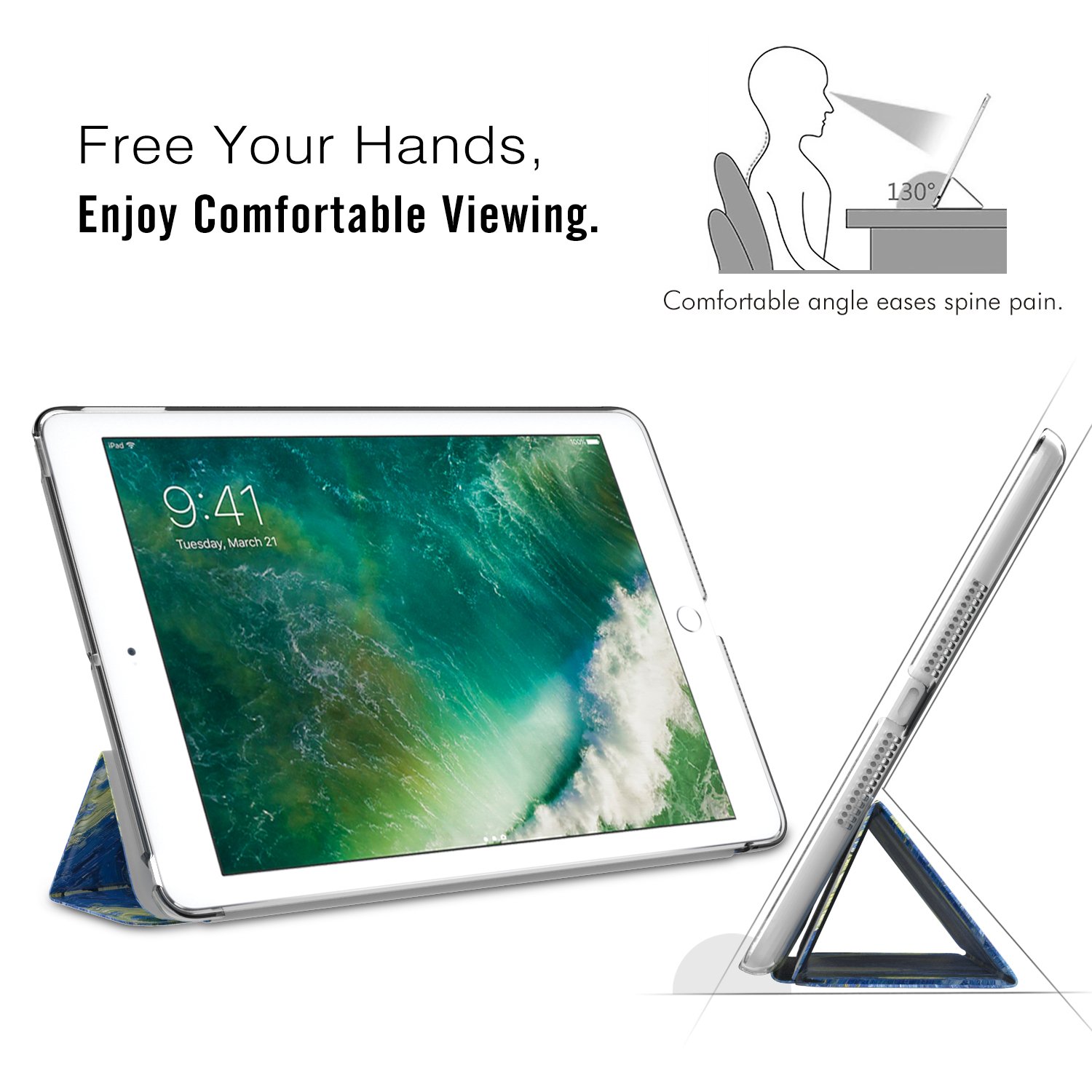 MoKo Slim Lightweight Smart Shell Stand Cover for iPad 9.7 Inch (6th/5th Gen 2018/2017) - Translucent Frosted Back Protector with Auto Wake/Sleep - Perfect for Work, School & Travel (Starry Night Design)