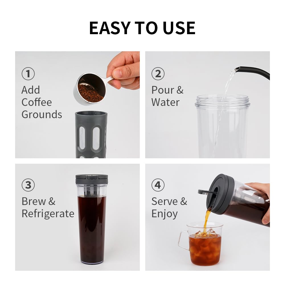Watchget 34oz/1L Portable Cold Brew Coffee Maker & Iced Tea Brewer with Leak-Proof Design & Removable Fine Mesh Filter - Perfect for Camping, Travel, Office & Home Use (White)