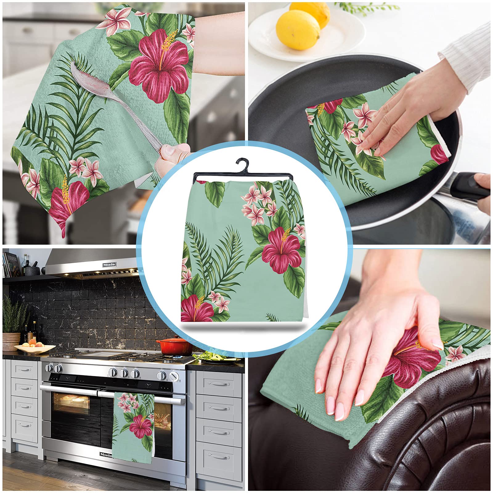 2 Pack Super Absorbent Soft Microfiber Kitchen Dish Towels with Tropical Plant & Hibiscus Flower Design - Perfect for Kitchen, Bathroom, Bar & Tea Time Cleaning