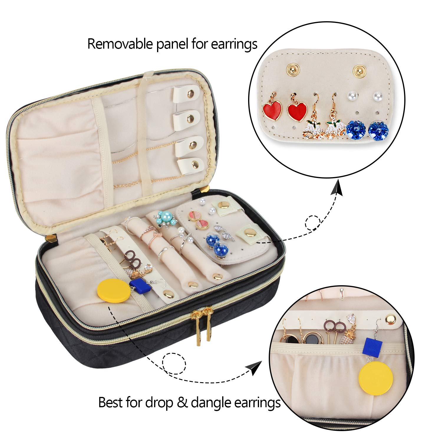 Teamoy Double Layer Jewelry Organizer - Quilted Travel Jewelry Case for Rings, Necklaces, Earrings & Bracelets | Compact Jewelry Storage Bag | Perfect for Travel, Home Organization & Gift Giving (Black)