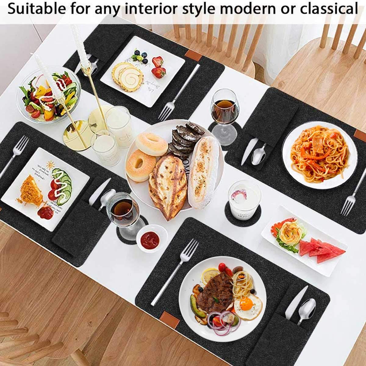 6-Pack Heat-Resistant Washable Felt Placemats for Kitchen Table with Drink Coasters & Cutlery Pouch - 18-Piece Dining Table Set - Perfect for Family Meals, Dinner Parties & Holiday Gatherings
