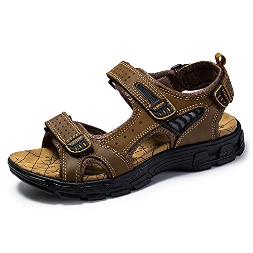 FXDN Men's Outdoor Water Sandals - Slip-On Genuine Leather Hook & Loop Strap Shoes for Sports, Hiking, Beach & Pool - Lightweight Flexible Comfortable Walking Footwear