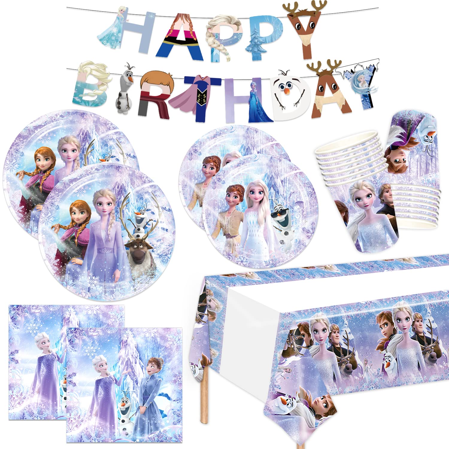 Frozen Party Decorations Set - Frozen Birthday Banner, Tablecloth, Cups, Plates & Napkins for Kids Birthday Party, Baby Shower & Disney Themed Events | Perfect for Frozen-Themed Celebrations & Disney Princess Parties