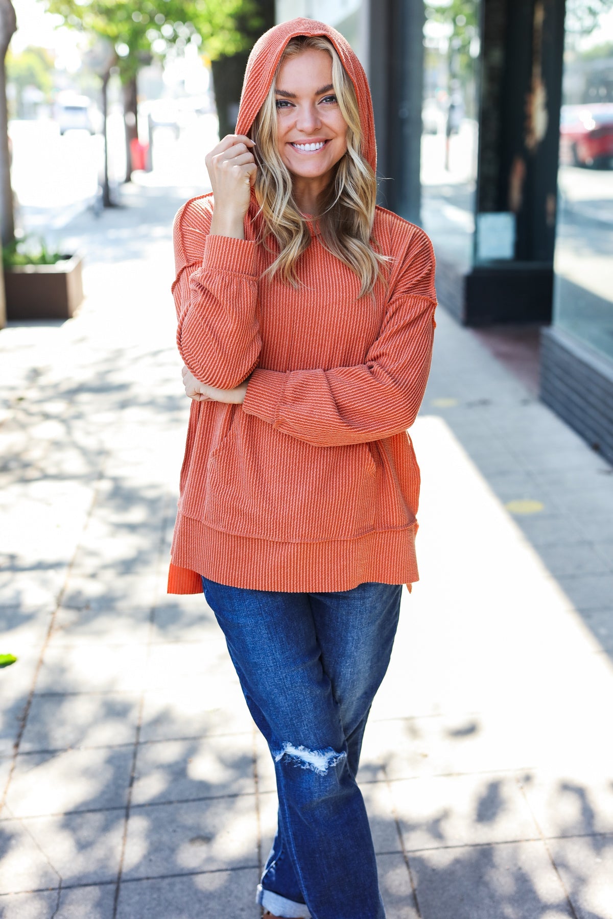 Cozy Days Rust Mineral Wash Rib Knit Hoodie - Soft Vintage Pullover for Women & Men | Perfect for Fall Layering, Casual Outfits & Loungewear