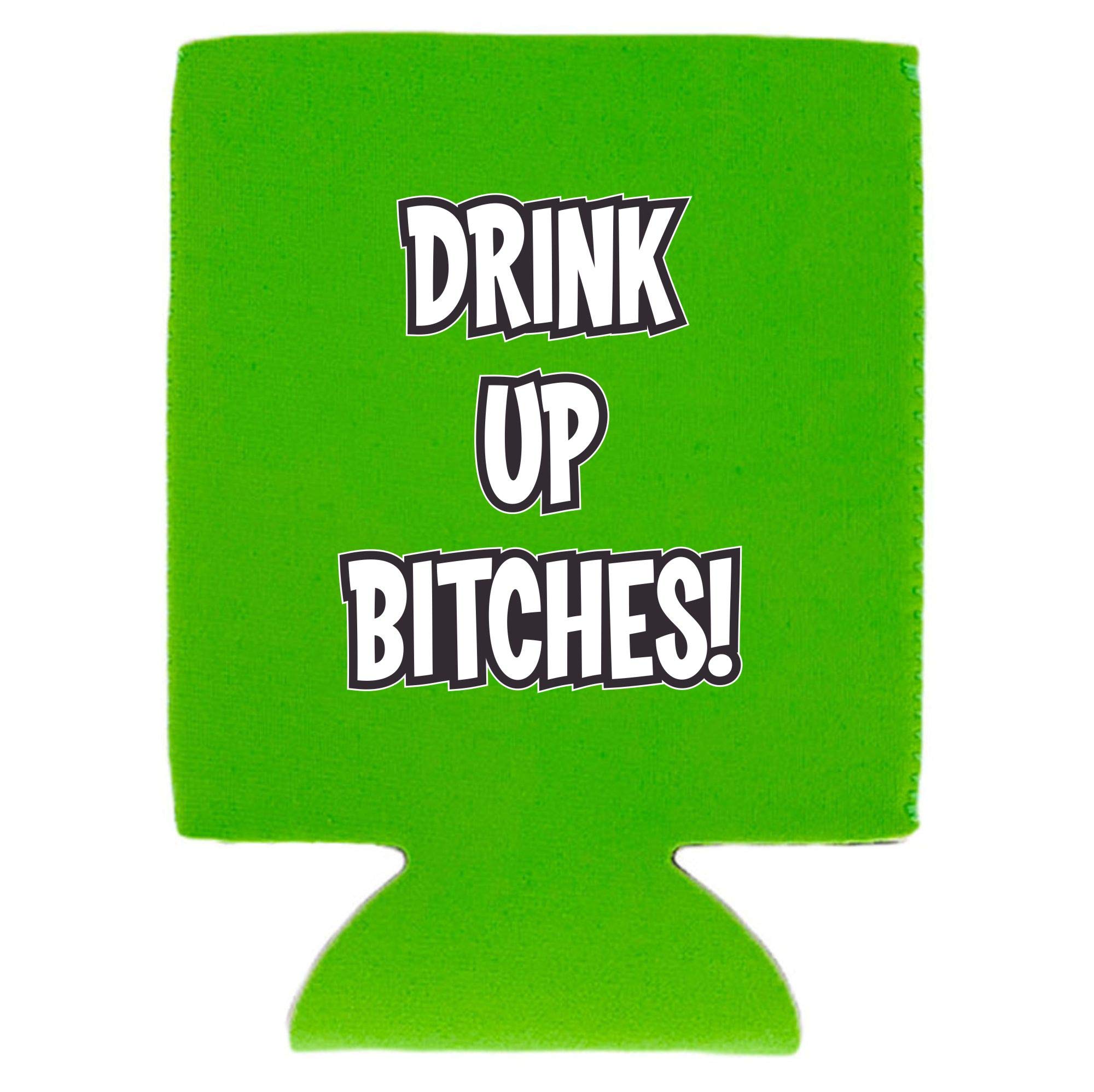Drink up Bitches Collapsible Can Coolie (Bright Green) - Portable Beer Can Holder for Camping, Beach, BBQ & Outdoor Parties