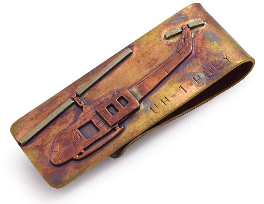Handmade Bronze Money Clip with UH-1 Huey Military Helicopter Engraving - Perfect for Veterans, Collectors & Military Enthusiasts - Ideal Gift for Father's Day, Birthday & Retirement