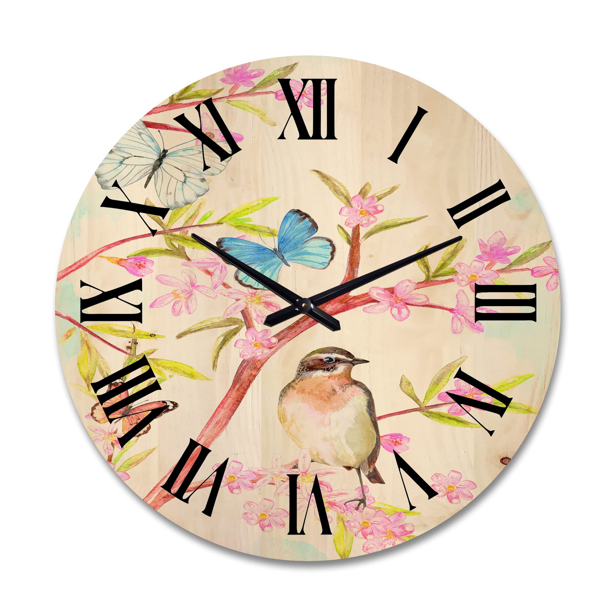 DesignQ 'Clever Bird Sitting on Spring Tree Branch with Butterflies' Traditional Large Wooden Wall Clock - Oversized Decorative Animal Clock for Living Room, Bedroom & Office Décor - Perfect for Home, Farmhouse & Rustic Interior Design