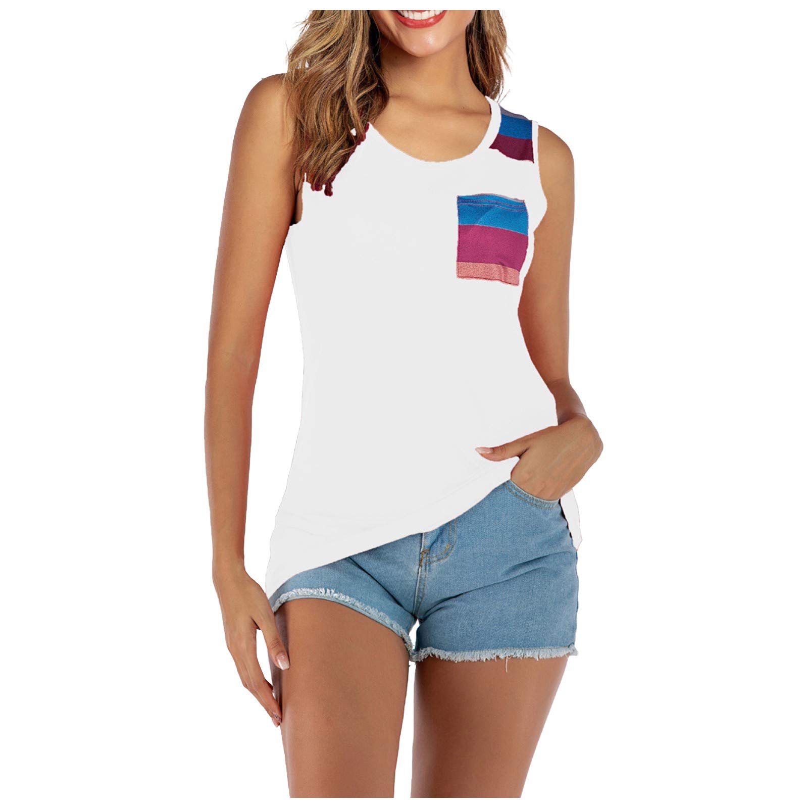 Women's Ultra Soft Sleeveless Crewneck T-Shirts - Solid Color Casual Tank Tops with Striped Pocket for Women | Perfect for Summer, Gym, Yoga & Everyday Wear