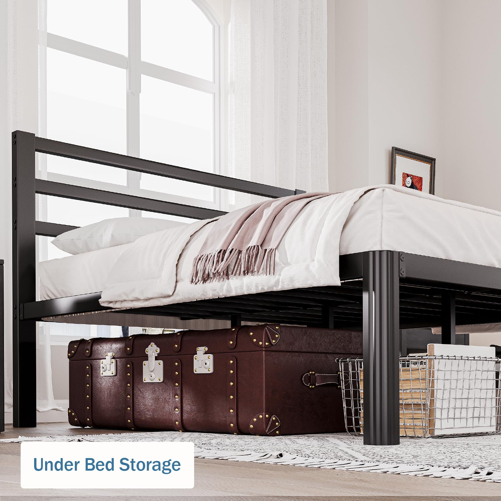 **King Size Bed Frame with Headboard - 18 Inch Heavy Duty Metal Platform Bed, No Box Spring Needed, Sturdy Mattress Foundation, Noise Free & Easy Assembly, Black - Perfect for Master Bedroom & Guest Room**