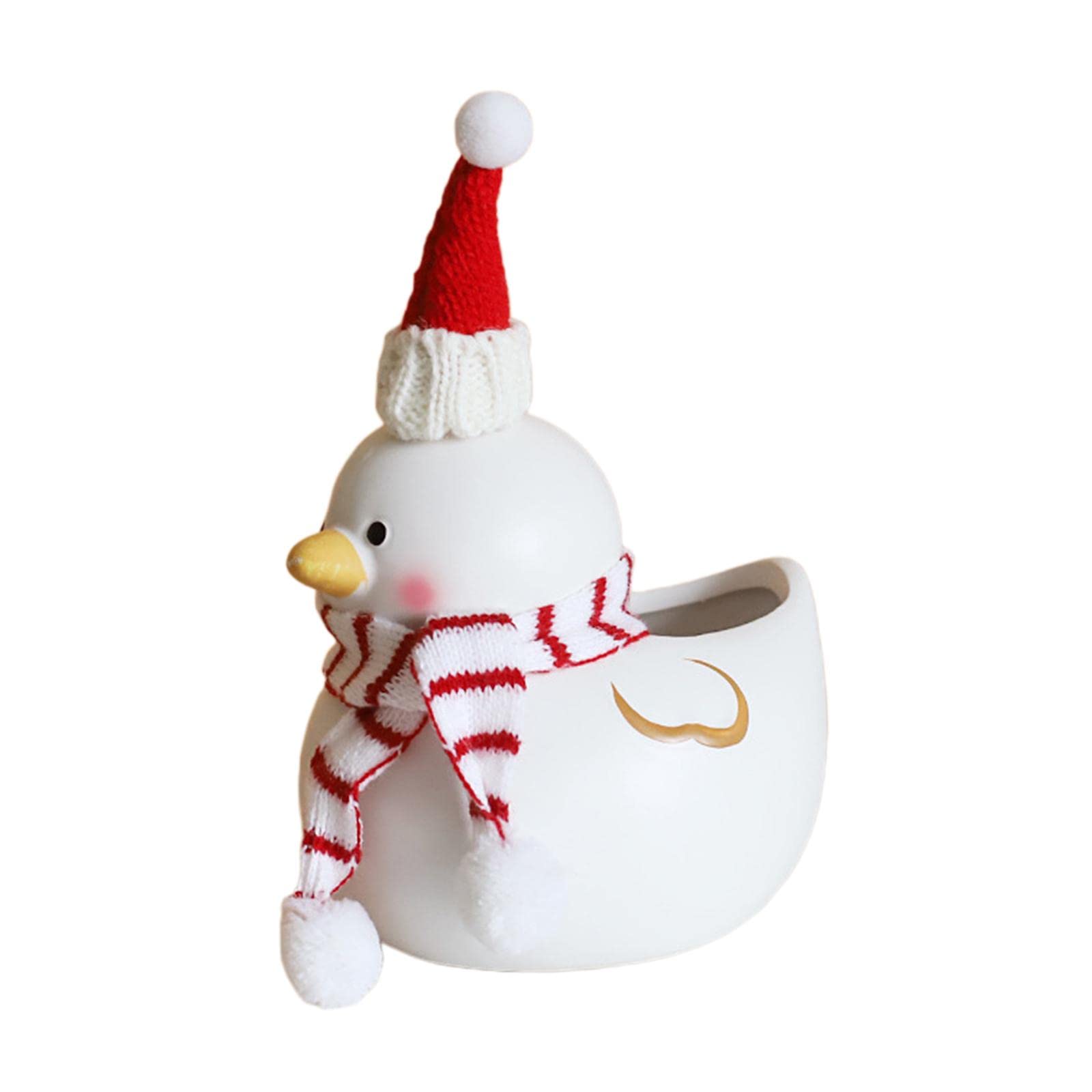 FAKEME Mini Duck Shaped Ceramic Succulent Planter - Cute Cartoon Flower Pot for Cactus, Small Plants & Pen Holder - Decorative Desktop Planter with Christmas Kerchief Hat - Perfect for Home Office Decor, Gift Giving & Holiday Displays