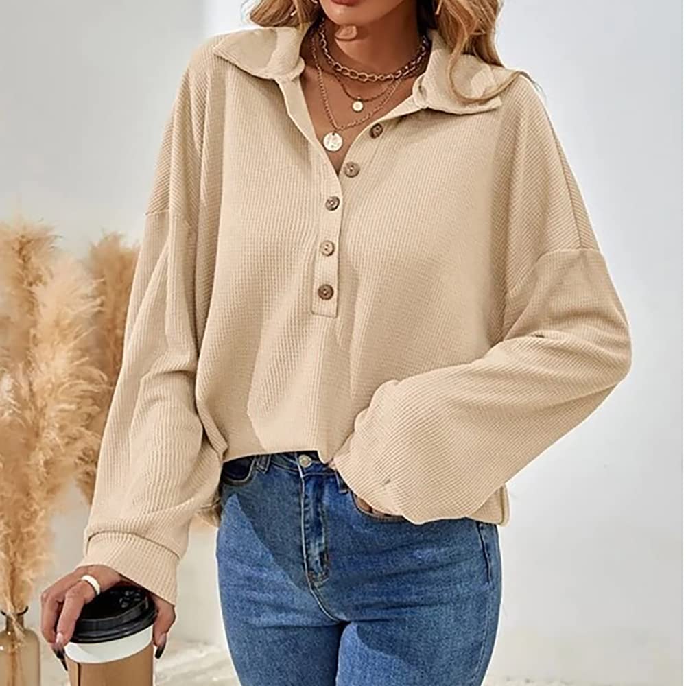 Mayntop Women's Waffle Knit Pullover Sweater - Solid Color, Half Button, Batwing Sleeve, Turndown Collar, Loose Fit | Casual Wear, Office Outfits, Fall & Winter Fashion
