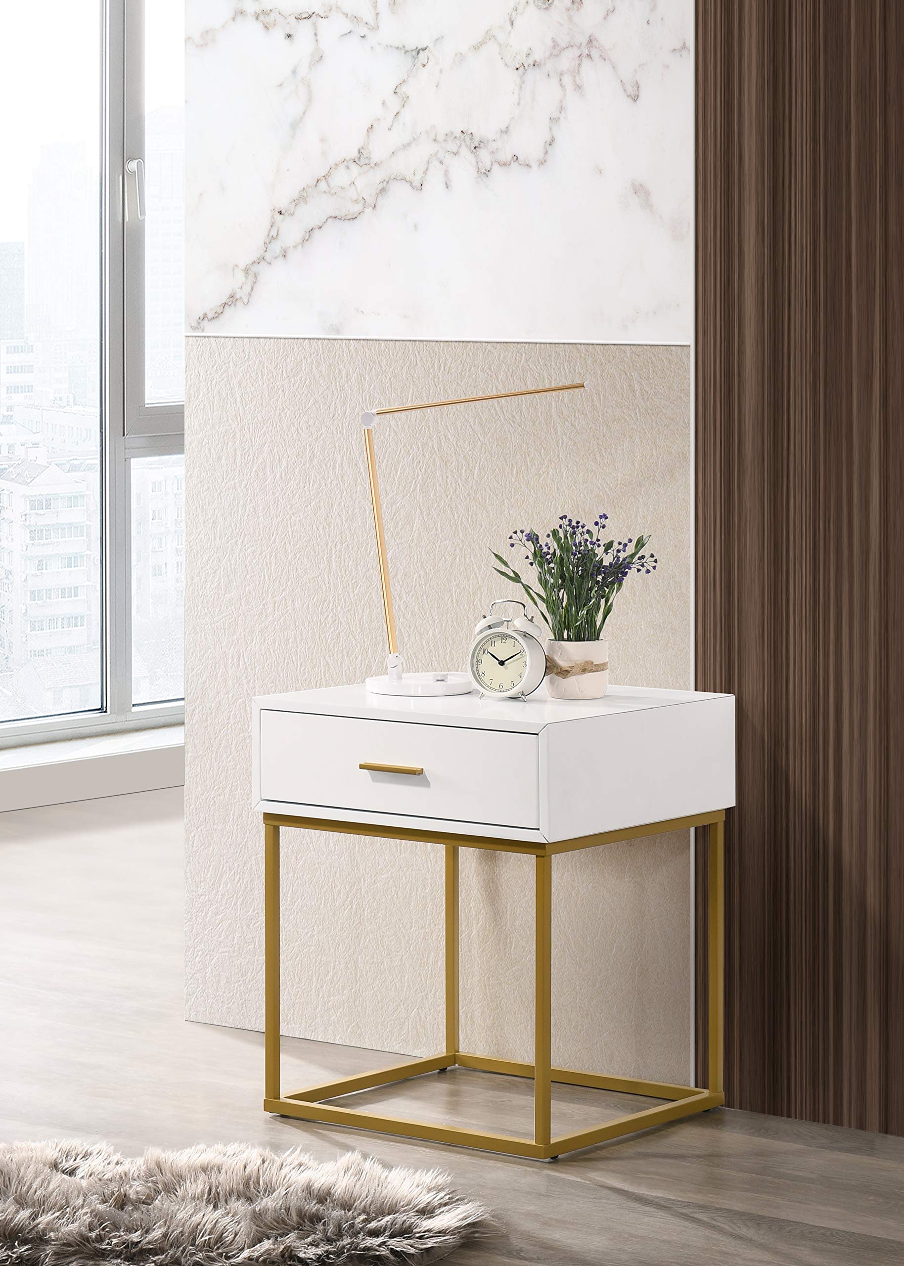 Modern White Nightstand with Gold Legs - Single Drawer Bedside Table for Bedroom, Living Room, or Office - Compact Storage Solution for Books, Lamps, and Essentials