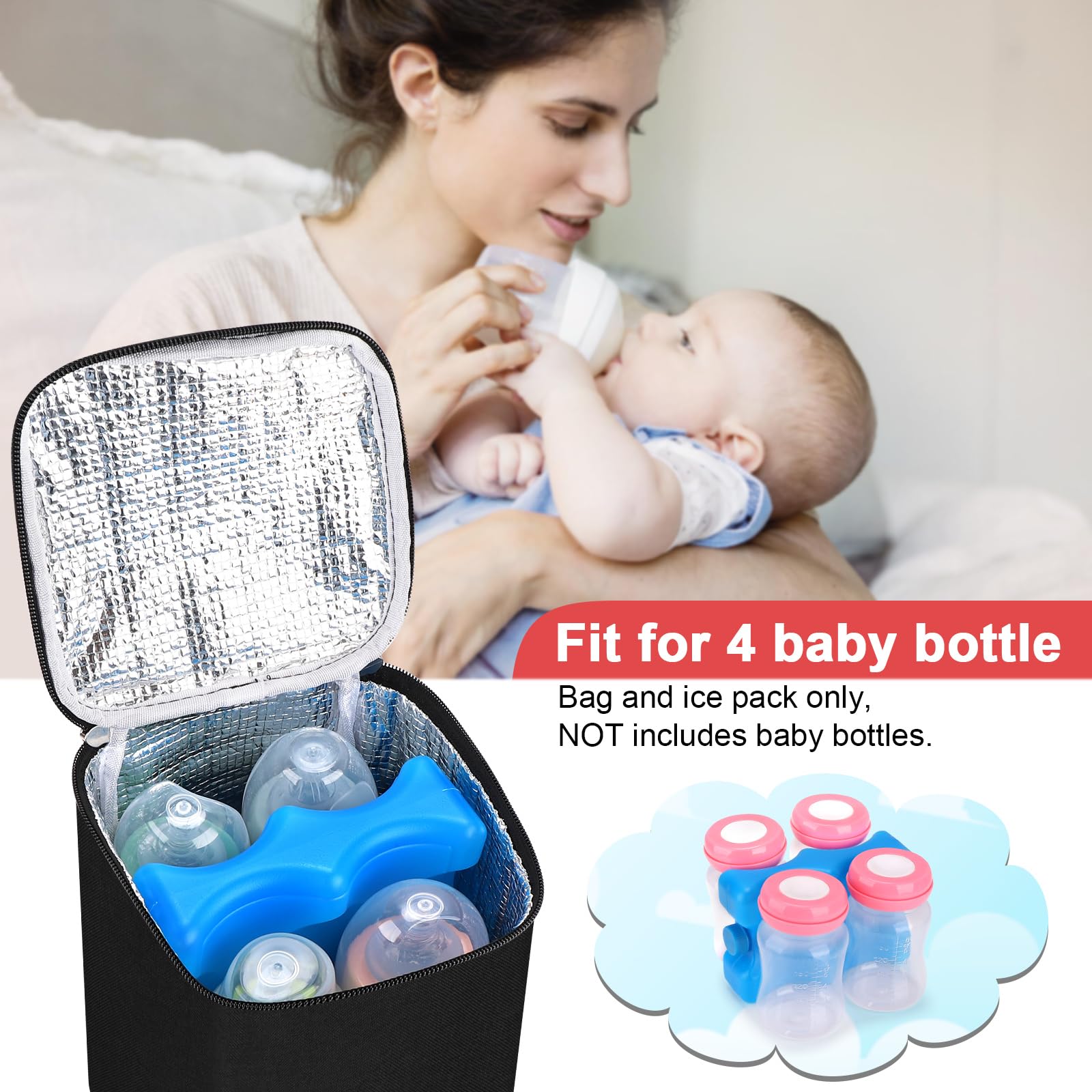**Accmor Insulated Breastmilk Cooler Bag with Ice Pack - Portable Baby Bottle Cooler for Nursing Moms, Daycare & Travel - Fits 4 Large 8oz Bottles - Perfect for On-the-Go, Work, or Outdoor Activities (Black)**