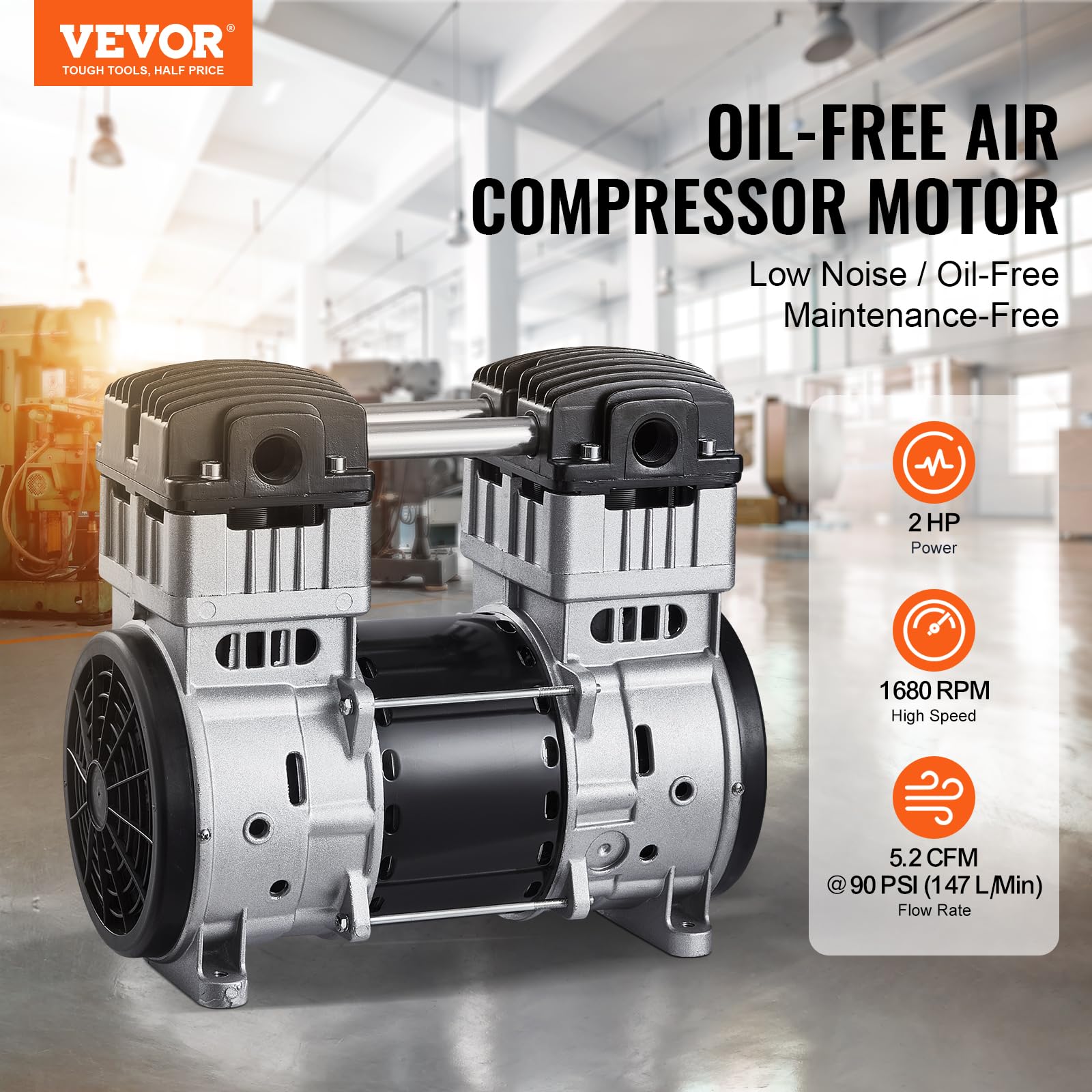 VEVOR 2HP Oil-Free Air Compressor Pump - 5.2CFM @ 90PSI, Max 145PSI Pressure, 78dB Ultra Quiet Motor for Auto Repair, Tire Inflation, Spray Painting & Woodworking | Portable Air Compressor for Garage, DIY Projects & Home Use