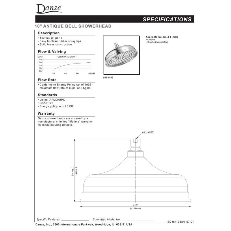 Danze Brushed Nickel 10-Inch Extra Large Antique Bell Rain Showerhead - High Pressure Rainfall Shower Head for Spa-Like Bathroom Experience, Perfect for Master Bath and Luxury Showers